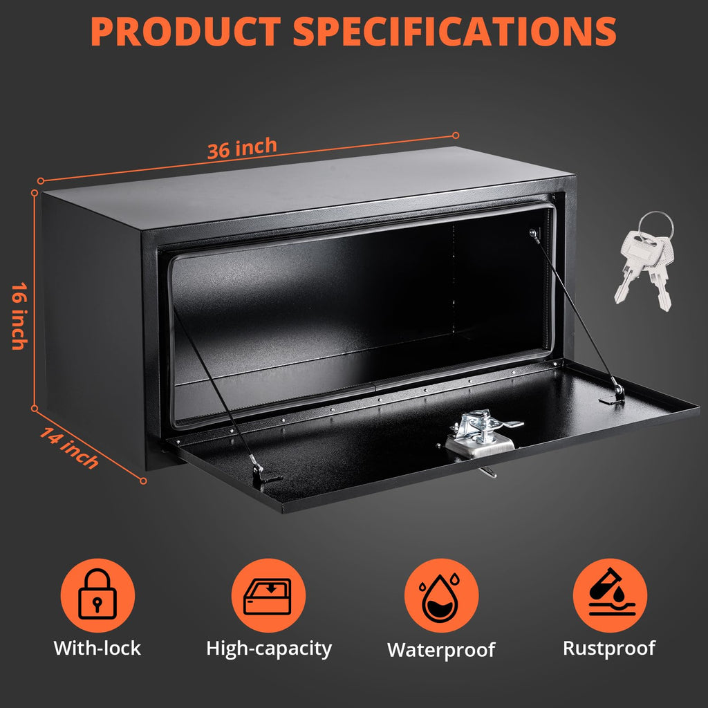Garvee 36x14x16 Inch Underbody Truck Box Black Steel Lockable Waterproof Heavy Duty Tool Storage Organizer for Trucks