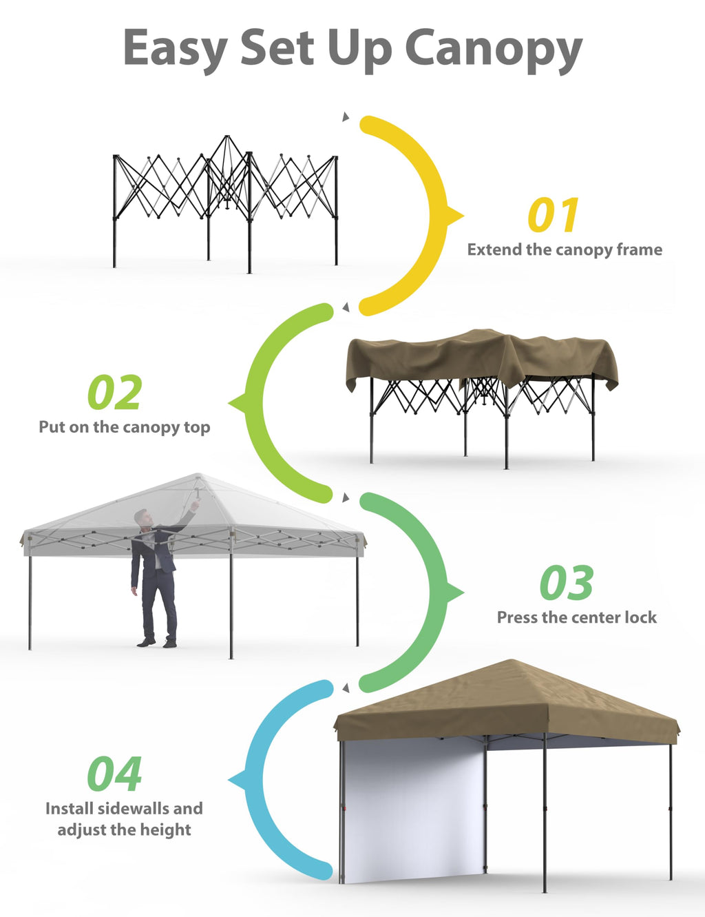 Garvee 10'x10' Pop-Up Canopy Tent - Portable Instant Gazebo with 1 Removable Sidewall, 4 Stakes & Ropes for Outdoor Events, Patio, Party, Camping, Khaki