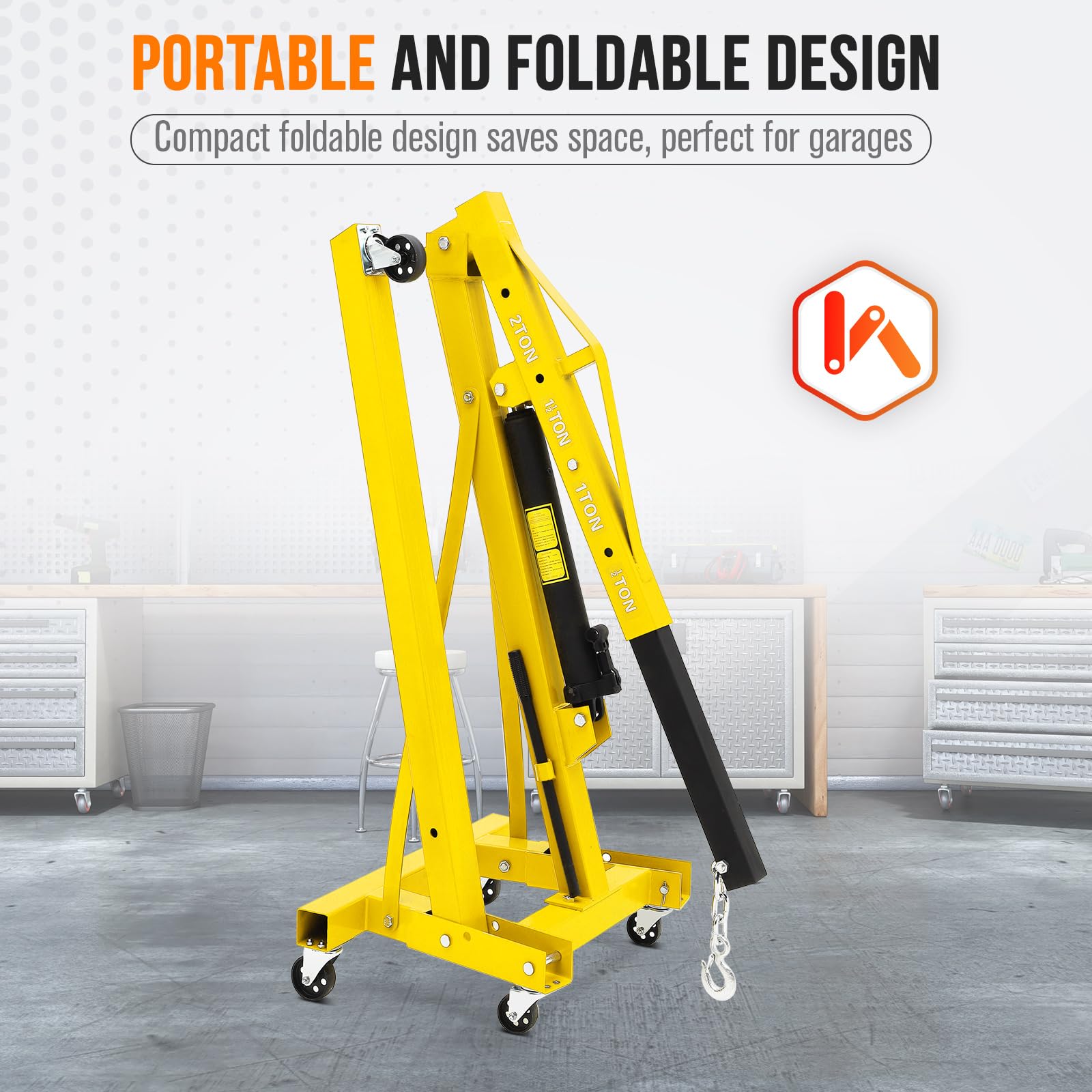 Garvee 2 Ton Hydraulic Engine Hoist Folding Cherry Picker Shop Crane Lift 4400LB Yellow for Garage Workshop Factory