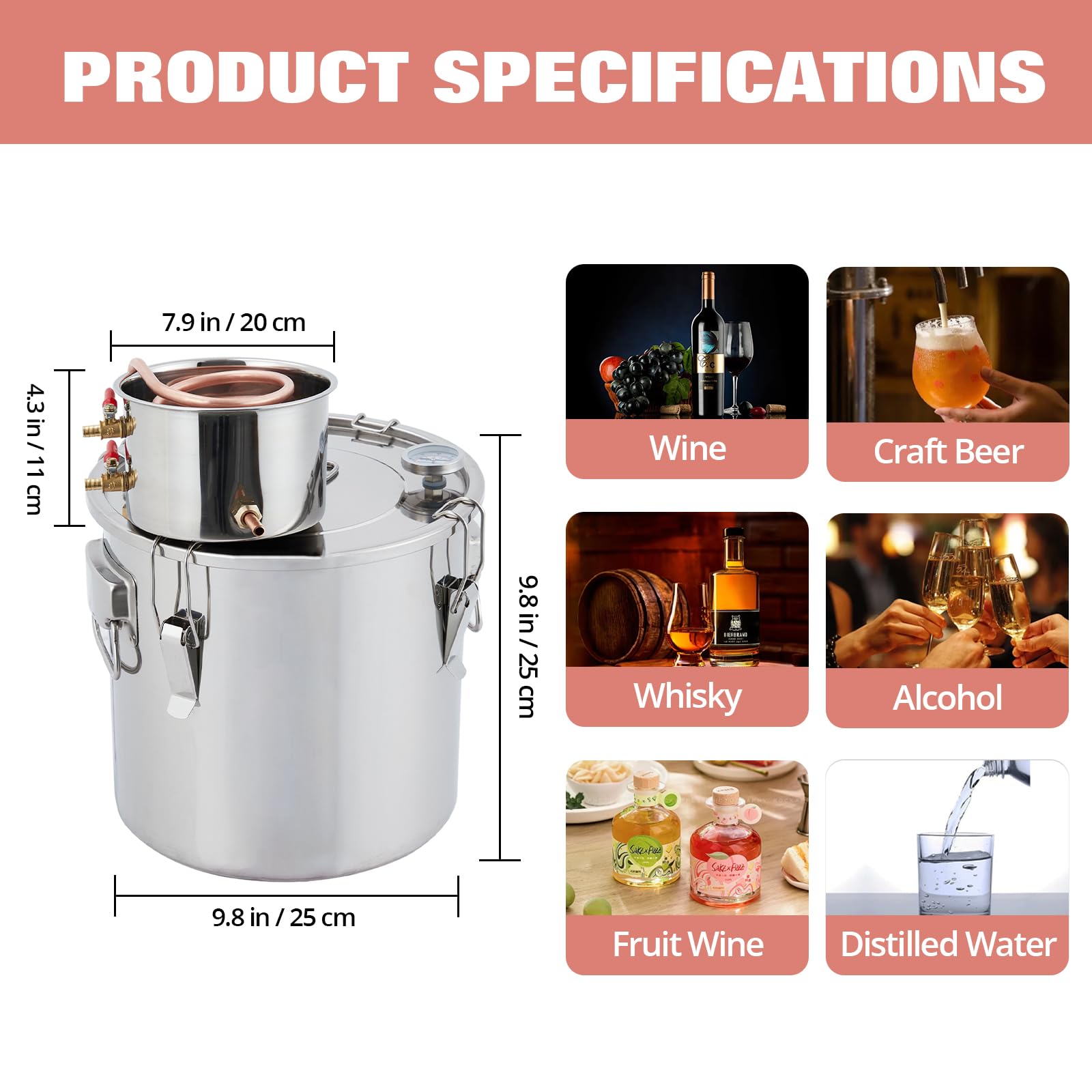 Garvee 3Gal(2 Pots) Alcohol Distiller, Stainless Steel Kit with Copper Tube for Home Brewing Whisky, Wine, Brandy