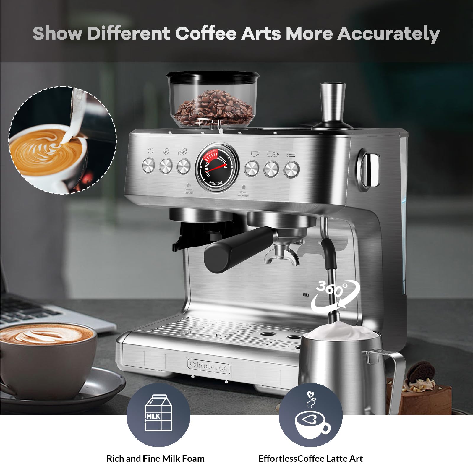 Garvee 20 Bar Espresso Machine - 1500W Motor, Built - In 30 - Setting Grinder, Milk Frothing, PID, 2.8L Tank