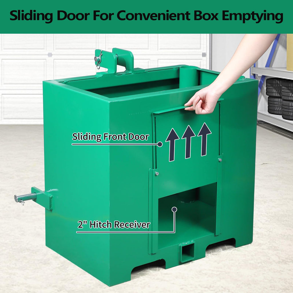 Garvee 3 Point Ballast Box with 2" Hitch Receiver, Category 1 Ballast Box 3 Point Fits Cat 1, 800 Lbs Tractor Ballast Box, 3 Point Quick Hitch Loader Attachment Green
