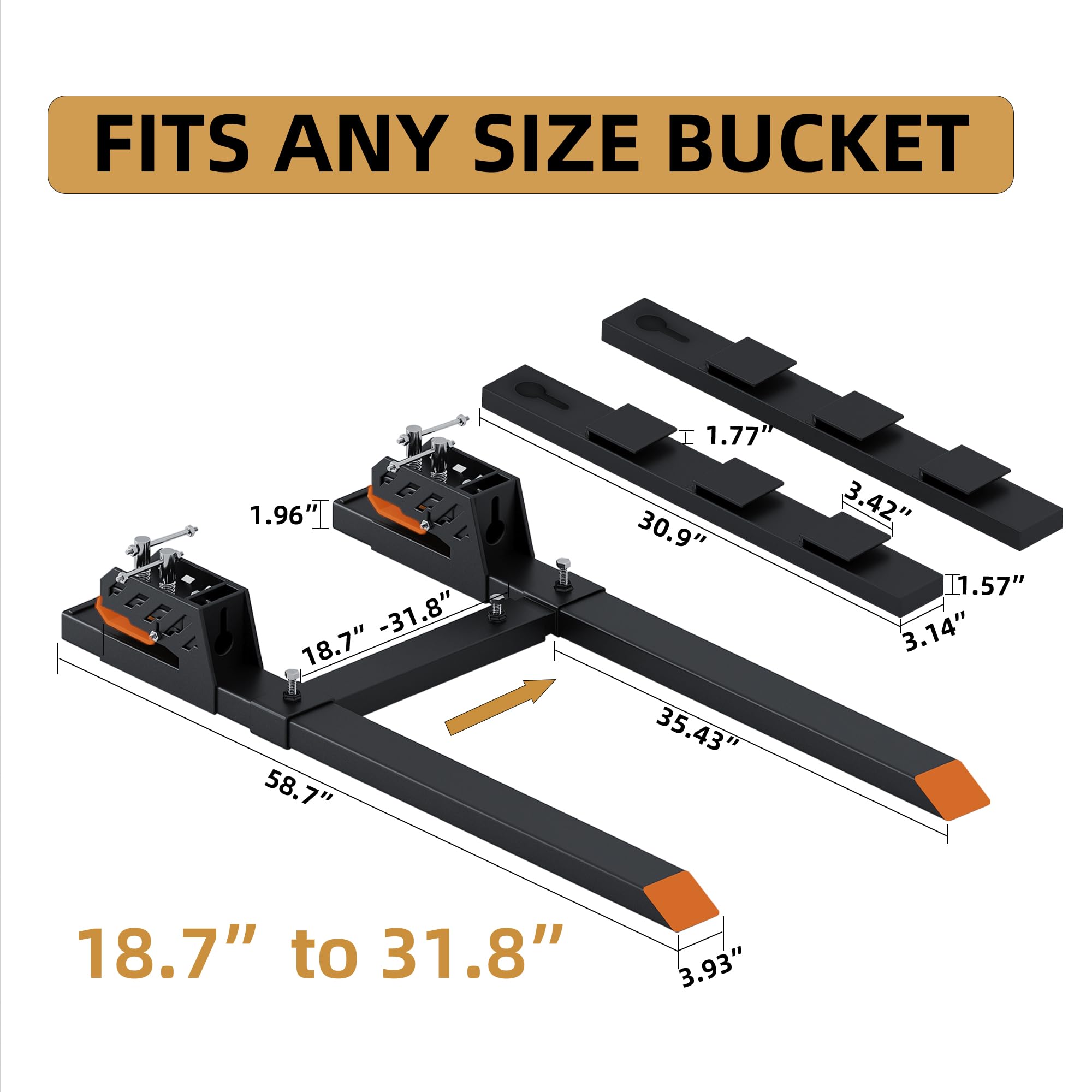 Garvee 4000 LBS 60" Pallet Forks, Heavy Duty Clamp on Pallet Forks with Anti-Slip Tongue, Twin Screw Design and Adjustable Stabilizer Bar (18.7"-31.8") for Tractor Bucket Loader Skid Steer