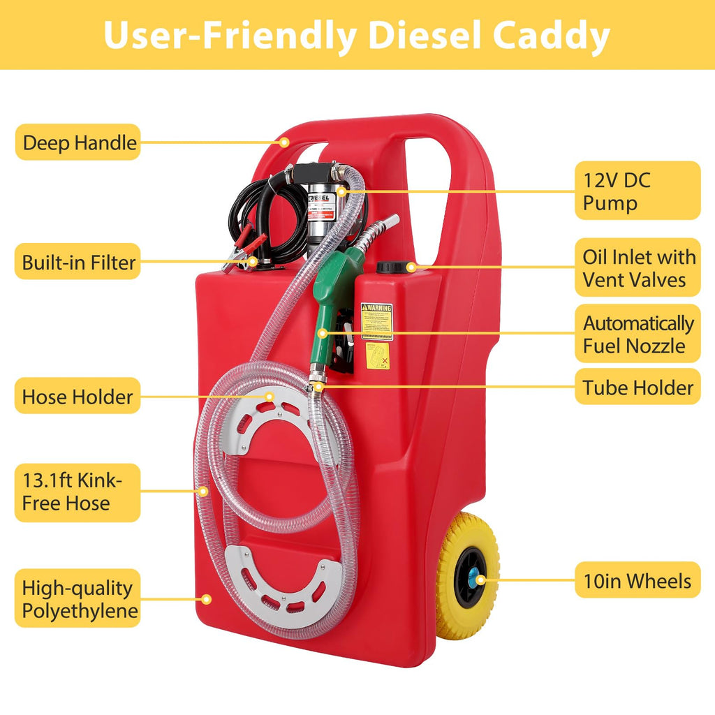 Garvee Fuel Caddy, 26 Gallon Portable Diesel Fuel Tank On-Wheels with Electric Fueling Nozzle & 360° Swivel Connector, Diesel Container with 12V DC 140W Transfer Pump for Cars, Trucks, Boats