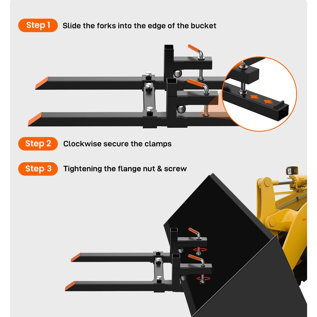 Garvee 43" 2000 lbs Pallet Forks, Clamp on Pallet Forks for Tractor Skid Steer Loader Bucket, Heavy Duty Quick Attach Forks with Adjustable Stabilizer Bar (19"-29")