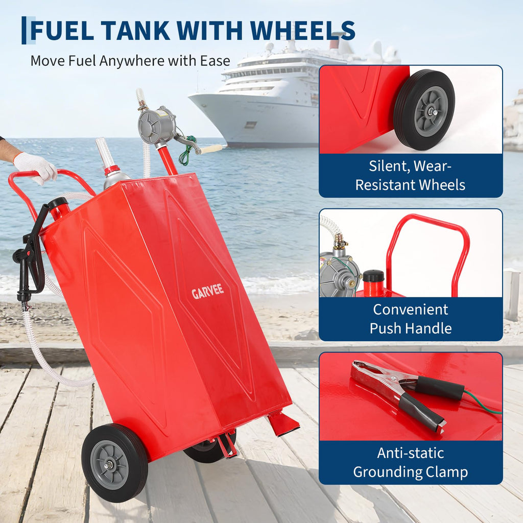Garvee 30 Gallon Fuel Gas Caddy, Portable Storage Tank with Wheels and Manual Hand Pump for Gasoline and Diesel Transfer, Suitable for ATV, Car, Mower, Tractor, and Boat, Red