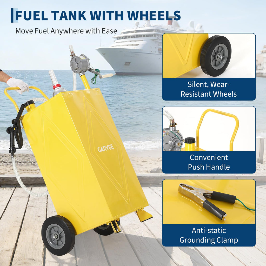 Garvee 30 Gallon Fuel Gas Caddy Storage Tank Portable Gas Caddy With Wheels Reversible Manual Hand Pump Fuel Hose For ATV Car Mower Tractor Boat