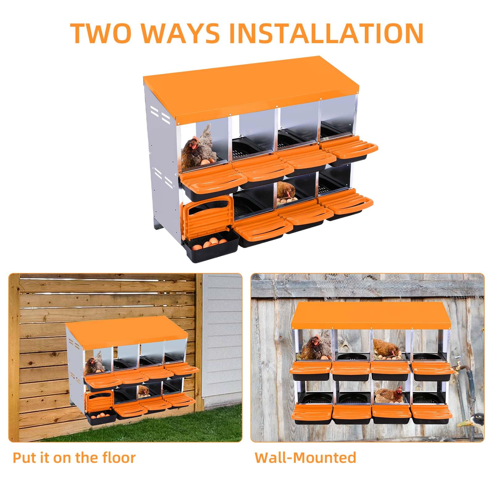 Garvee Chicken Nesting Box 8-Hole Roll Away Egg Laying Box with Lid, Heavy-Duty Galvanized Steel, Wall-Mountable, Orange