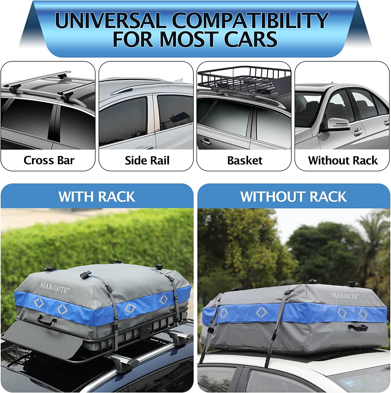 Garvee Rooftop Cargo Carrier Bag, 21 Cubic Feet Heavy Duty Waterproof Car Roof Bag, Fits All Cars with/without Rack, 8 Door Hooks, Storage Bag, Blue & Gray