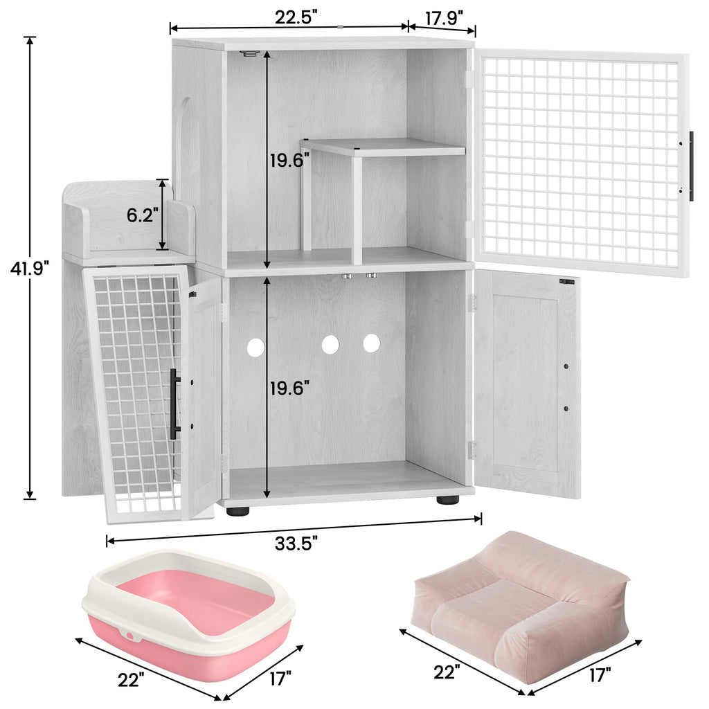 Garvee Villa Cat Litter Box Enclosure, Double Layer, MDF & Iron, Hidden Furniture, Ladder, 33.5" L x 17.9" W x 41.9" H, Antique White