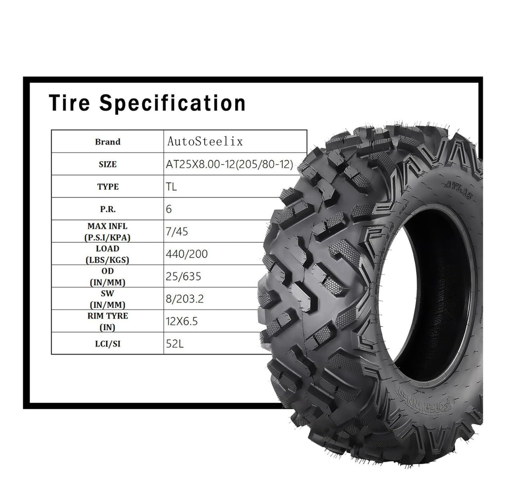 Garvee ATV UTV All-Terrain Tires, Set of 4, 25x8-12 Front & 25x10-12 Rear, Tubeless, 6 PR, Black