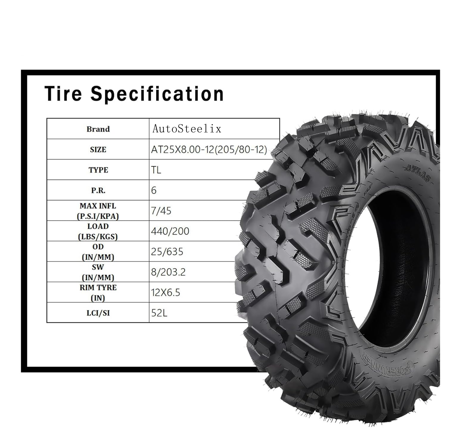 Garvee ATV UTV All-Terrain Tires, Set of 4, 25x8-12 Front & 25x10-12 Rear, Tubeless, 6 PR, Black