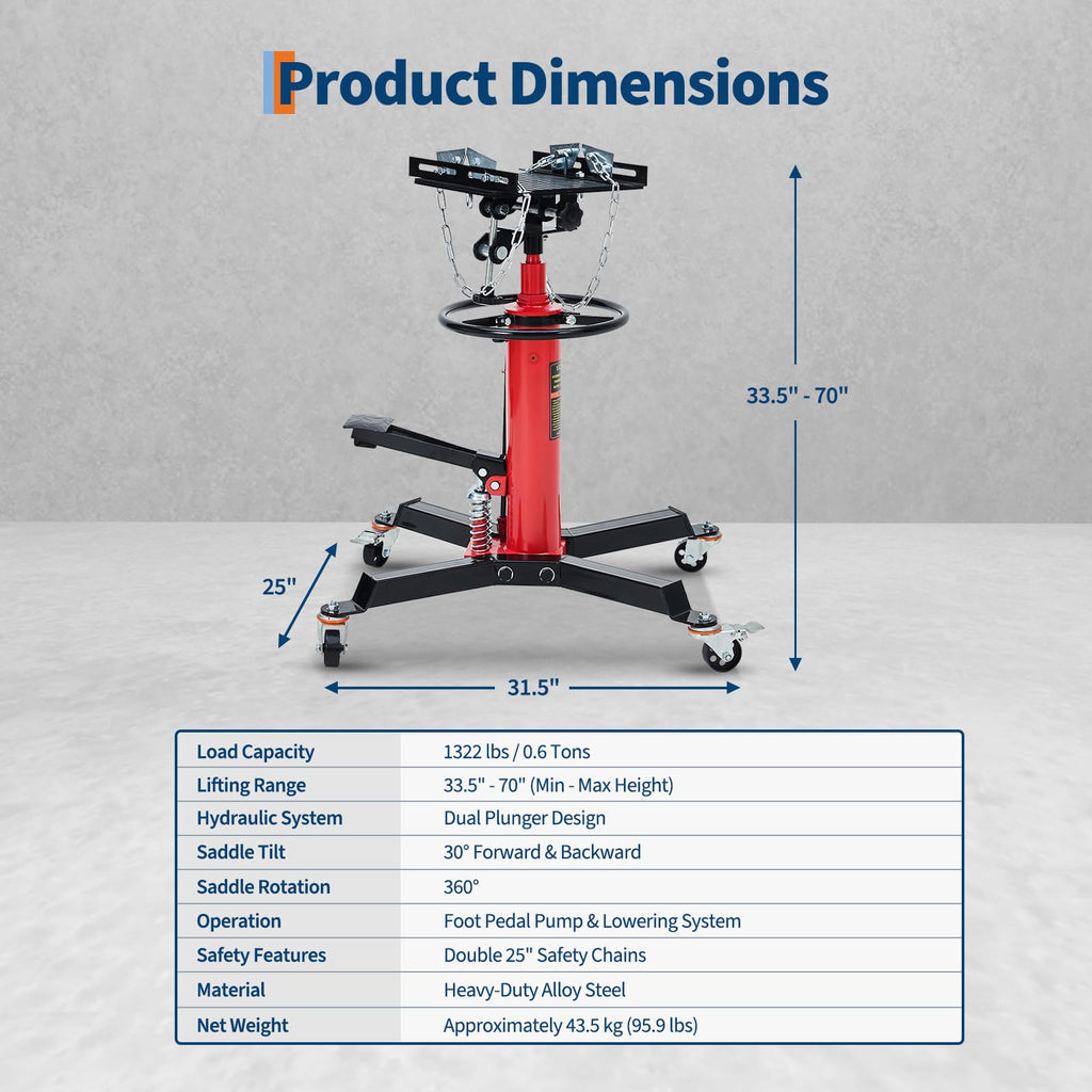 Garvee Hydraulic Transmission Jack, 1,322 LB Capacity, High Lift with Dual Plungers, 360° Rotation, 30° Tilting Saddle, for Home Garage & Auto Shop, Red
