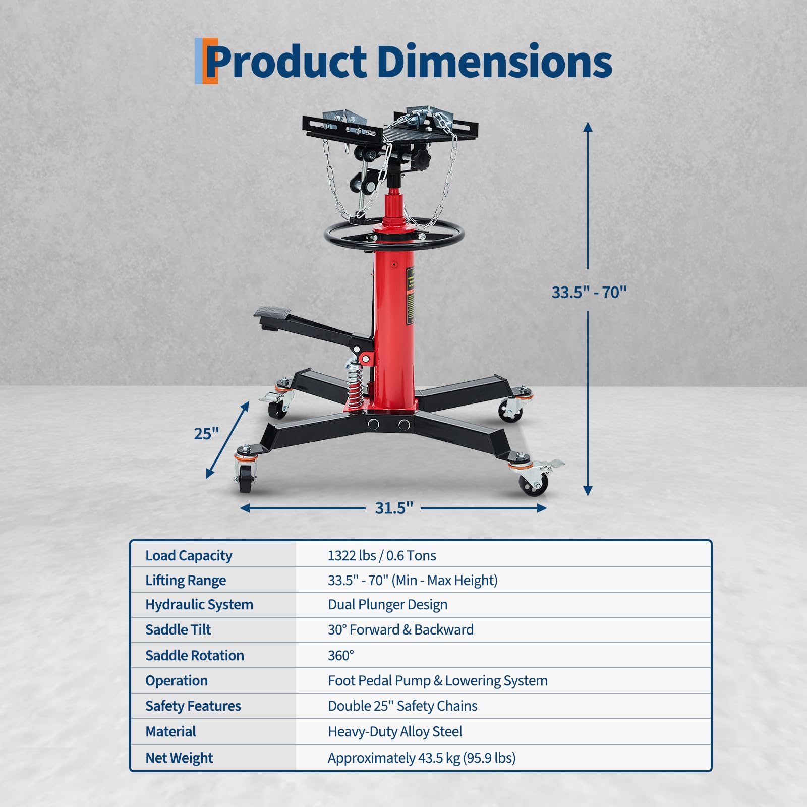 Garvee Hydraulic Transmission Jack, 1,322 LB Capacity, High Lift with Dual Plungers, 360° Rotation, 30° Tilting Saddle, for Home Garage & Auto Shop, Red
