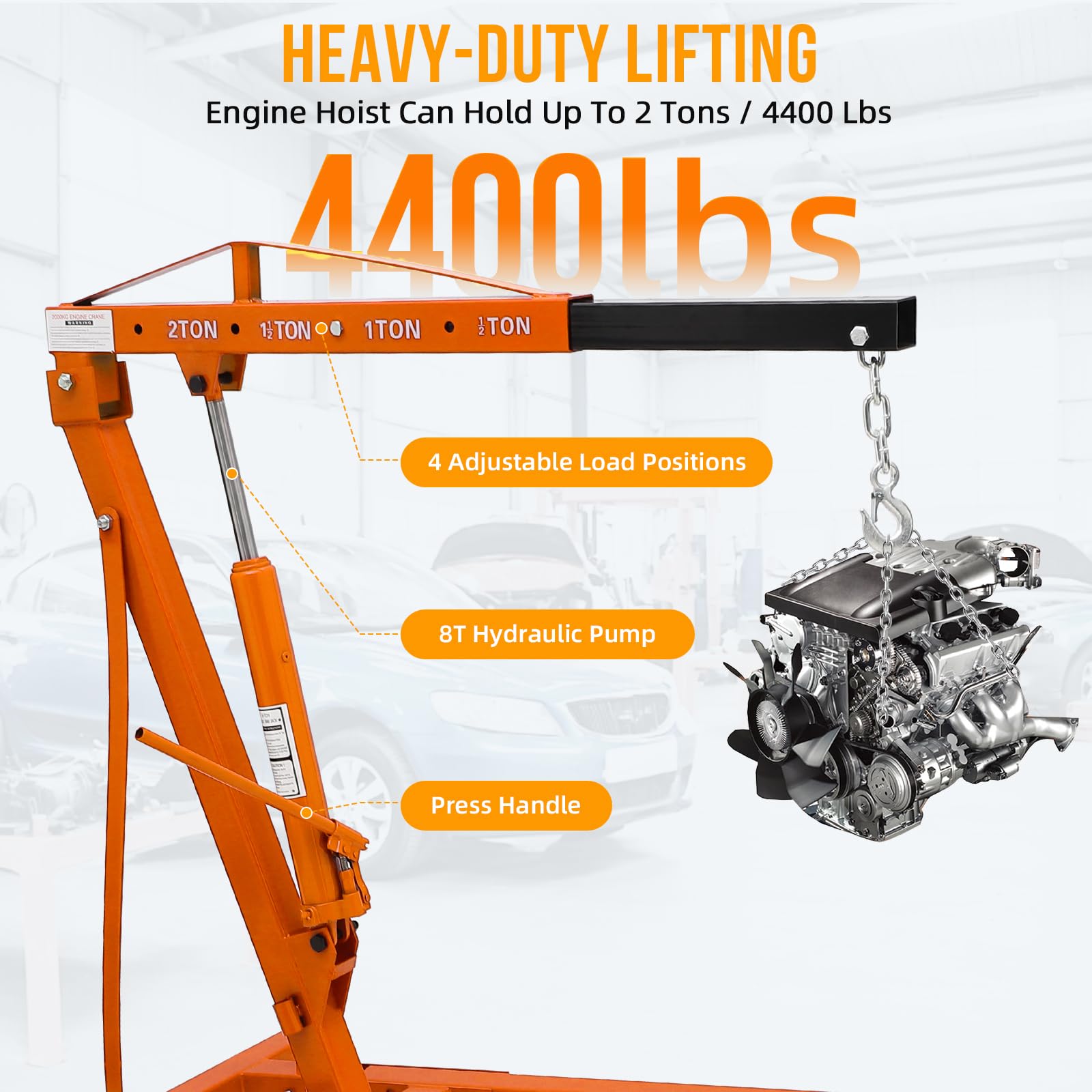 Garvee Cherry Picker Engine Hoist - 4400lbs Folding Hydraulic Engine Crane with 6 Casters and Telescopic Boom Hitch for Heavy-Duty Shop Use, Orange