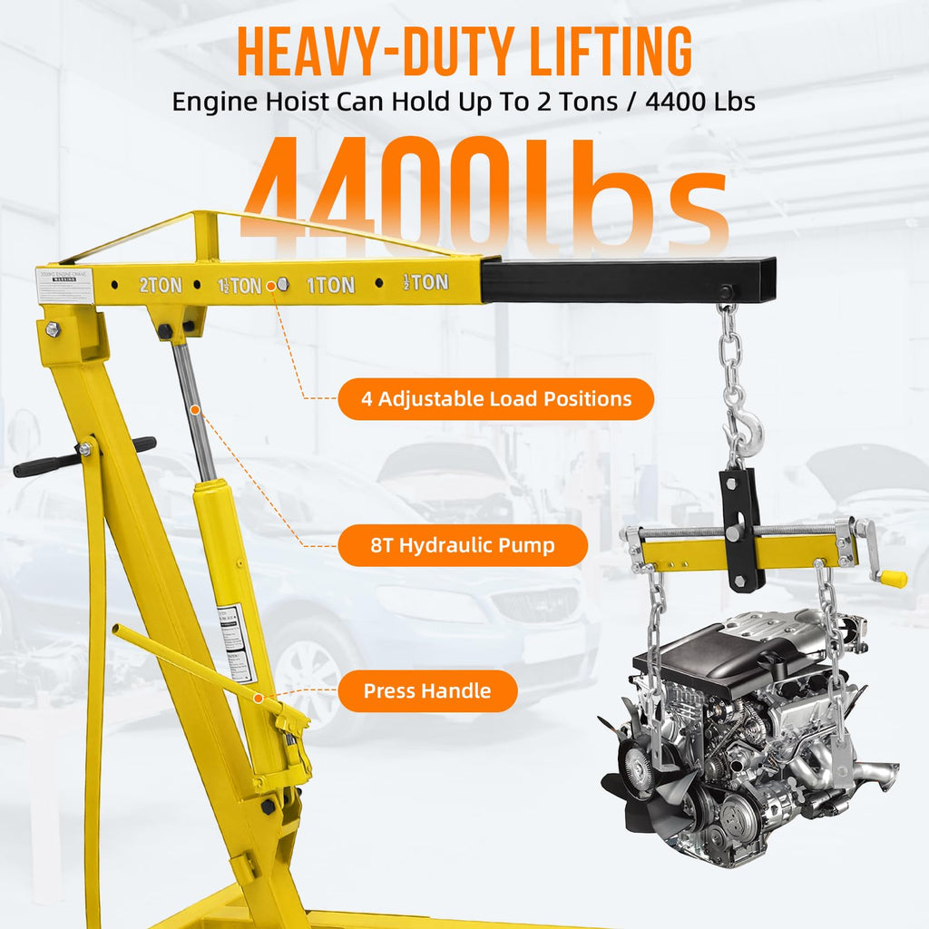 Garvee Engine Hoist with Lever, 2 Ton 4000 Lbs Heavy Duty Folding Cherry Picker Engine Lift Hydraulic Tilting Engine Shop Crane with 6 Iron Caster Wheels Telescopic Boom Hitch,Yellow