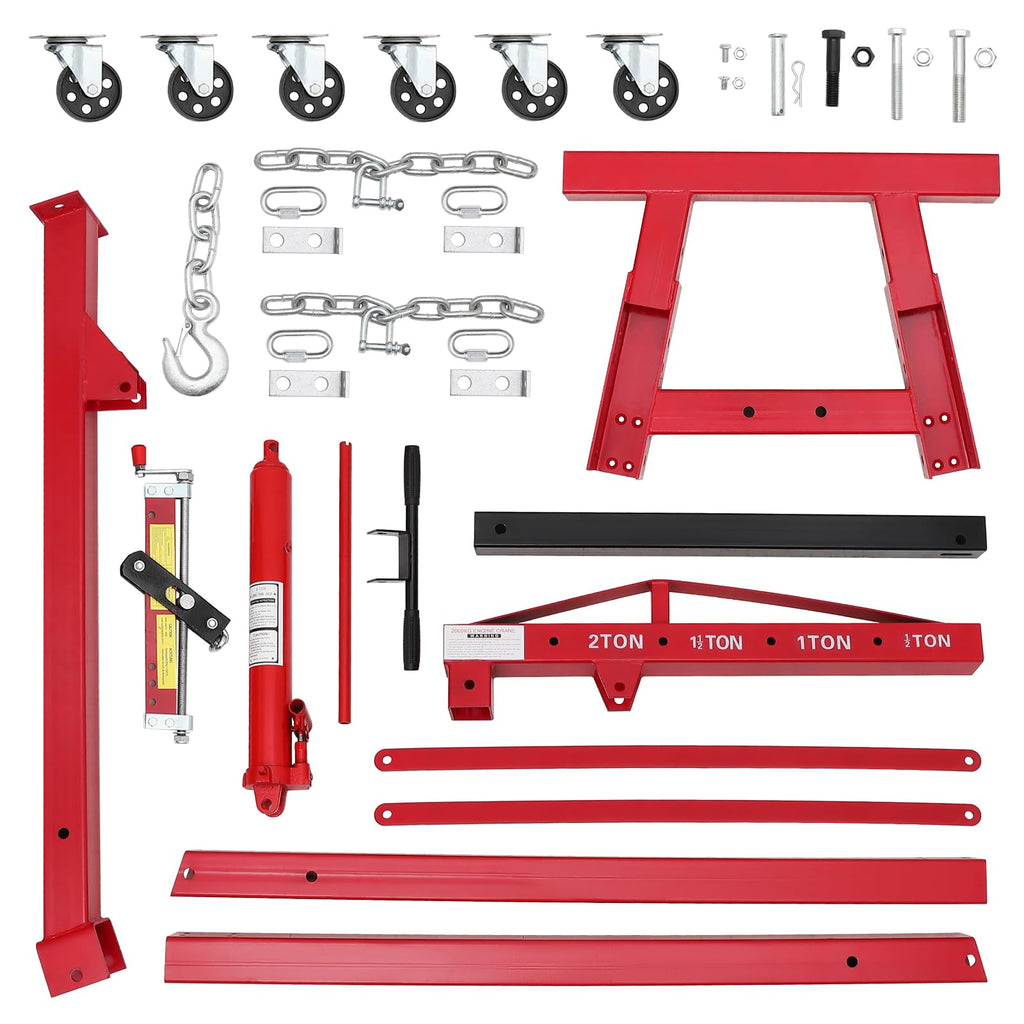 Garvee 2 Ton Folding Hydraulic Engine Hoist with Lever, Folding Engine Shop Crane Hoist Lift, Heavy Cherry Picker with 6 Wheels for Garage, Workshop,Red