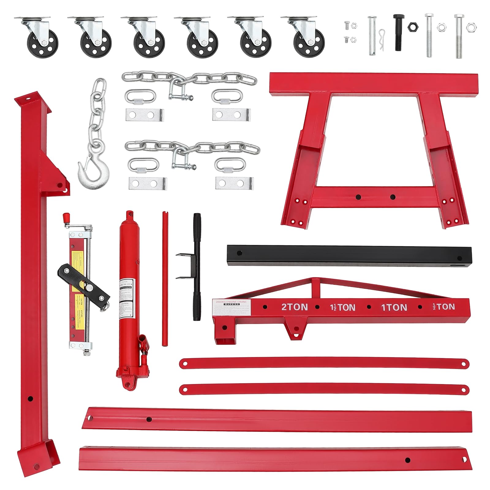 Garvee 2 Ton Folding Hydraulic Engine Hoist with Lever, Folding Engine Shop Crane Hoist Lift, Heavy Cherry Picker with 6 Wheels for Garage, Workshop,Red