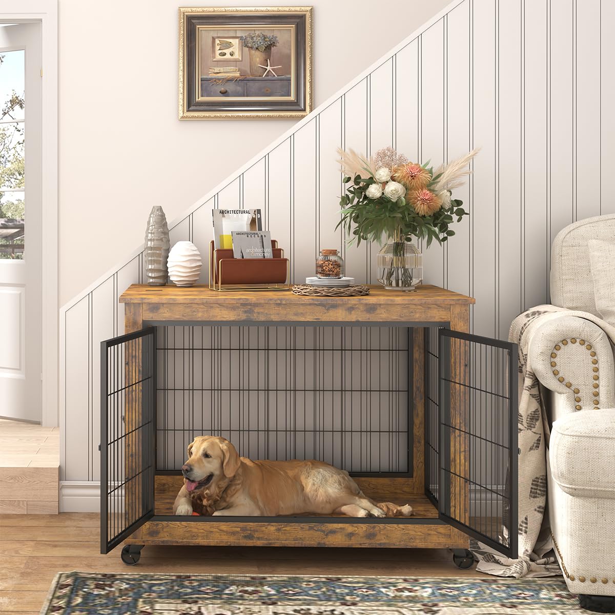 Garvee Dog Crate Furniture Dog Kennel Double Doors Medium Large Dog 38.58" W x 25.2" D x 27.17" H Rustic Brown