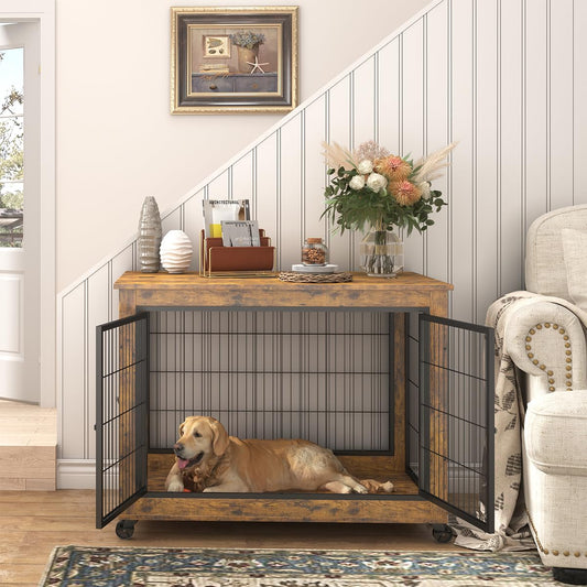 Garvee Dog Crate Furniture Dog Kennel Double Doors Medium Large Dog 38.58" W x 25.2" D x 27.17" H Rustic Brown