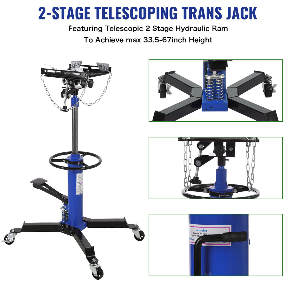 Garvee Transmission Jack, 1/2 Ton/1100 lbs Capacity 2 Stage Adjustable Hydraulic Telescopic Transmission Jack with Foot Pedal, 33.5"-69" High Lift and 360° Swivel Wheel, Garage/Shop Lift Hoist, Blue