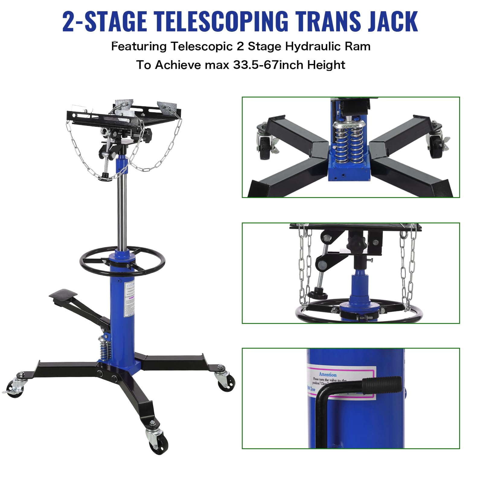 Garvee Transmission Jack, 1/2 Ton/1100 lbs Capacity 2 Stage Adjustable Hydraulic Telescopic Transmission Jack with Foot Pedal, 33.5"-69" High Lift and 360° Swivel Wheel, Garage/Shop Lift Hoist, Blue