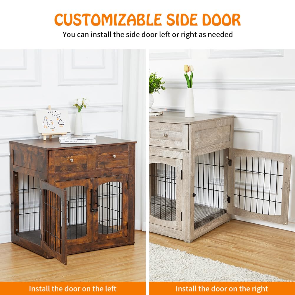 Garvee Dog Crate Furniture with Cushion,Wooden Dog Crate Table with 2 Drawers, 3-Doors Dog Furniture, Indoor Dog Kennel House Side End Table, Grey