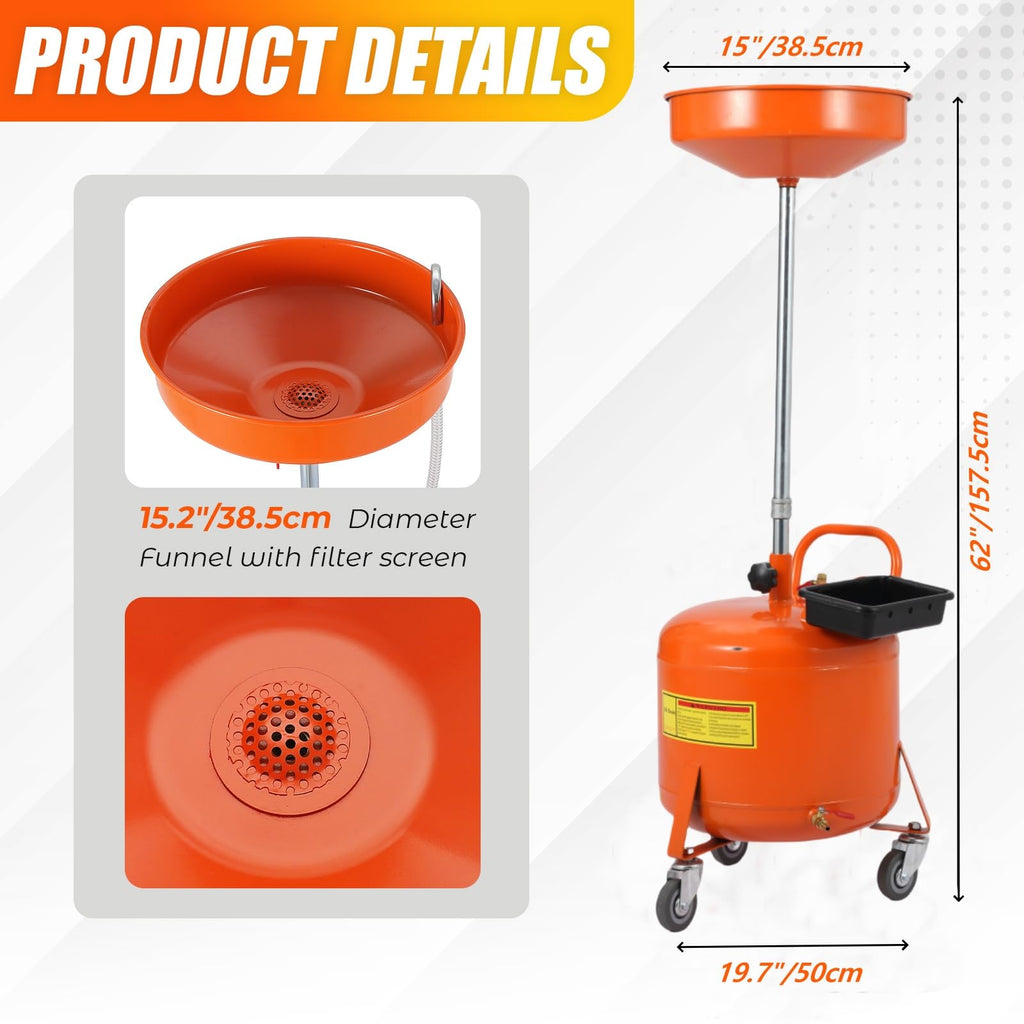 Garvee 8 Gallon Waste Oil Drain Tank, Portable Oil Drain Container with Adjustable Funnel Height (28"-62"), 360° Wheels & Built-in Toolbox, Orange