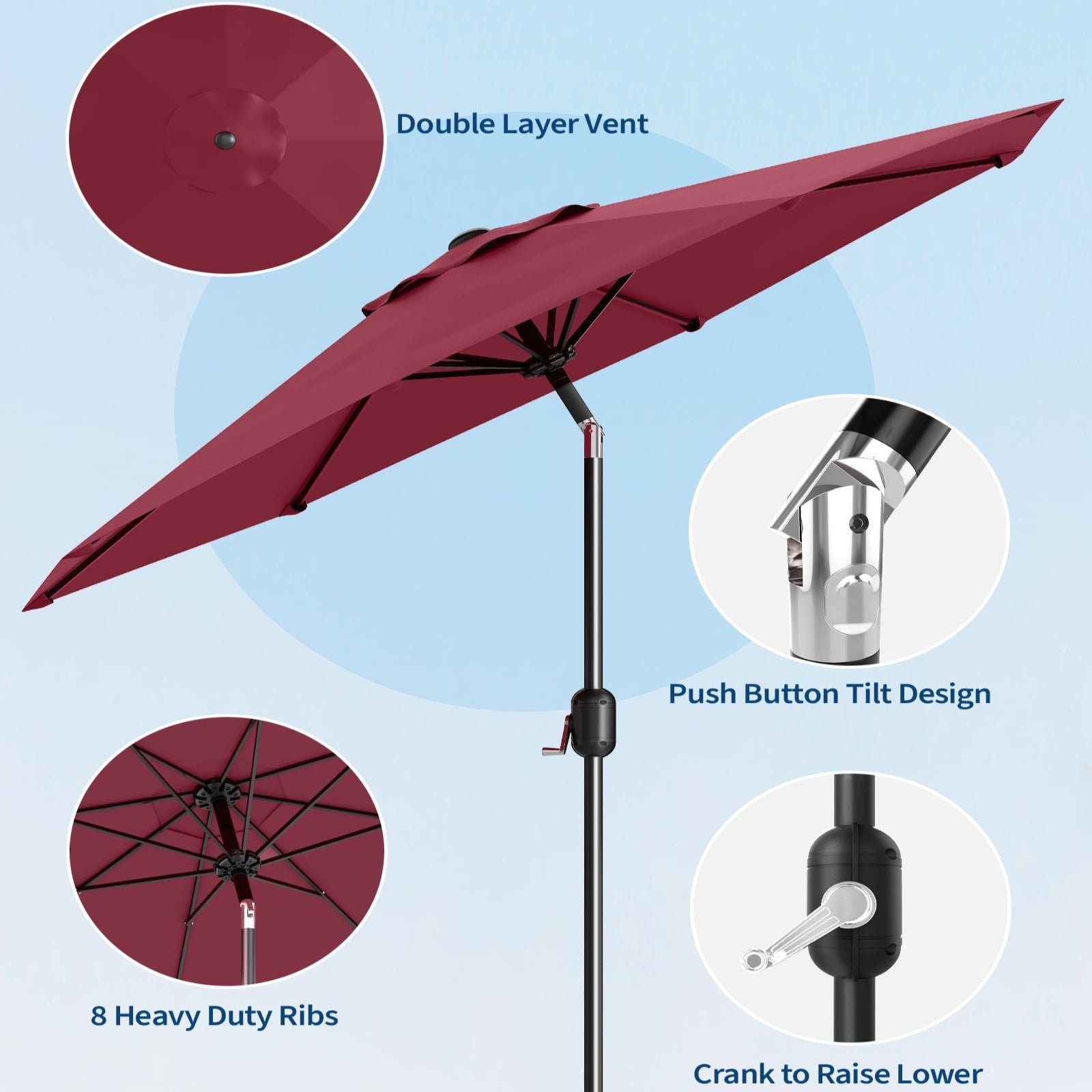 Garvee 9' Outdoor Patio Umbrella, Outdoor Table Umbrella, Market Umbrella with Push Button Tilt and Crank, 8 Sturdy Ribs UV Protection Waterproof for Garden, Deck, Backyard, Pool, Dark Red
