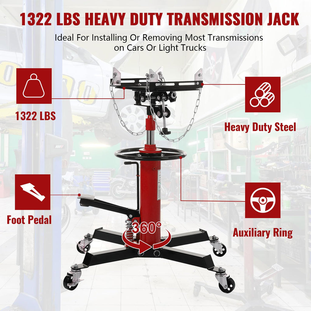 Garvee Transmission Jack, (1/2 Ton) 1100 lbs Capacity 2 Stage Adjustable Hydraulic Telescopic Transmission Jack with Foot Pedal, 33.5"-69" High Lift and 360° Swivel Wheel, Garage/Shop Lift Hoist, Red
