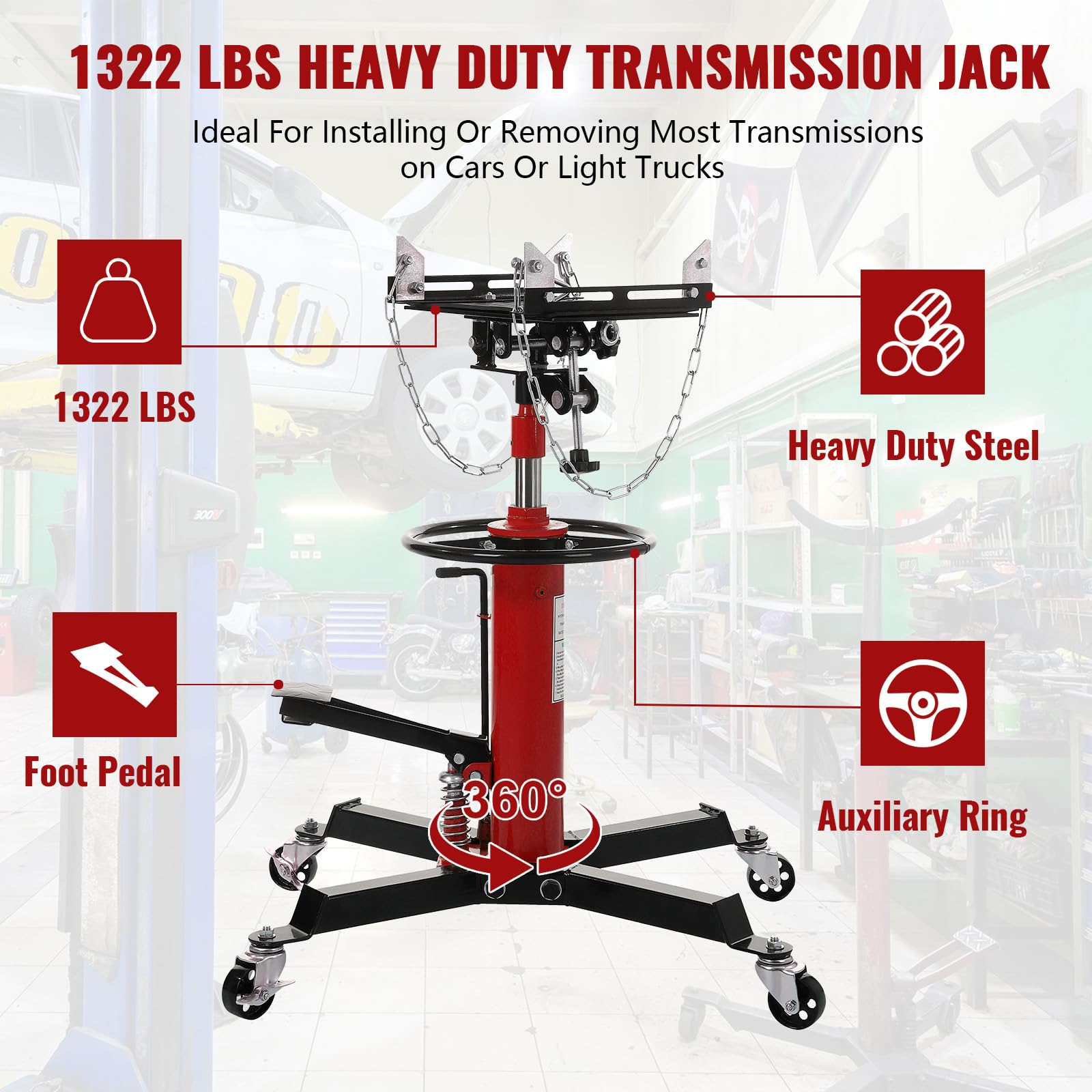 Garvee Transmission Jack, (1/2 Ton) 1100 lbs Capacity 2 Stage Adjustable Hydraulic Telescopic Transmission Jack with Foot Pedal, 33.5"-69" High Lift and 360° Swivel Wheel, Garage/Shop Lift Hoist, Red