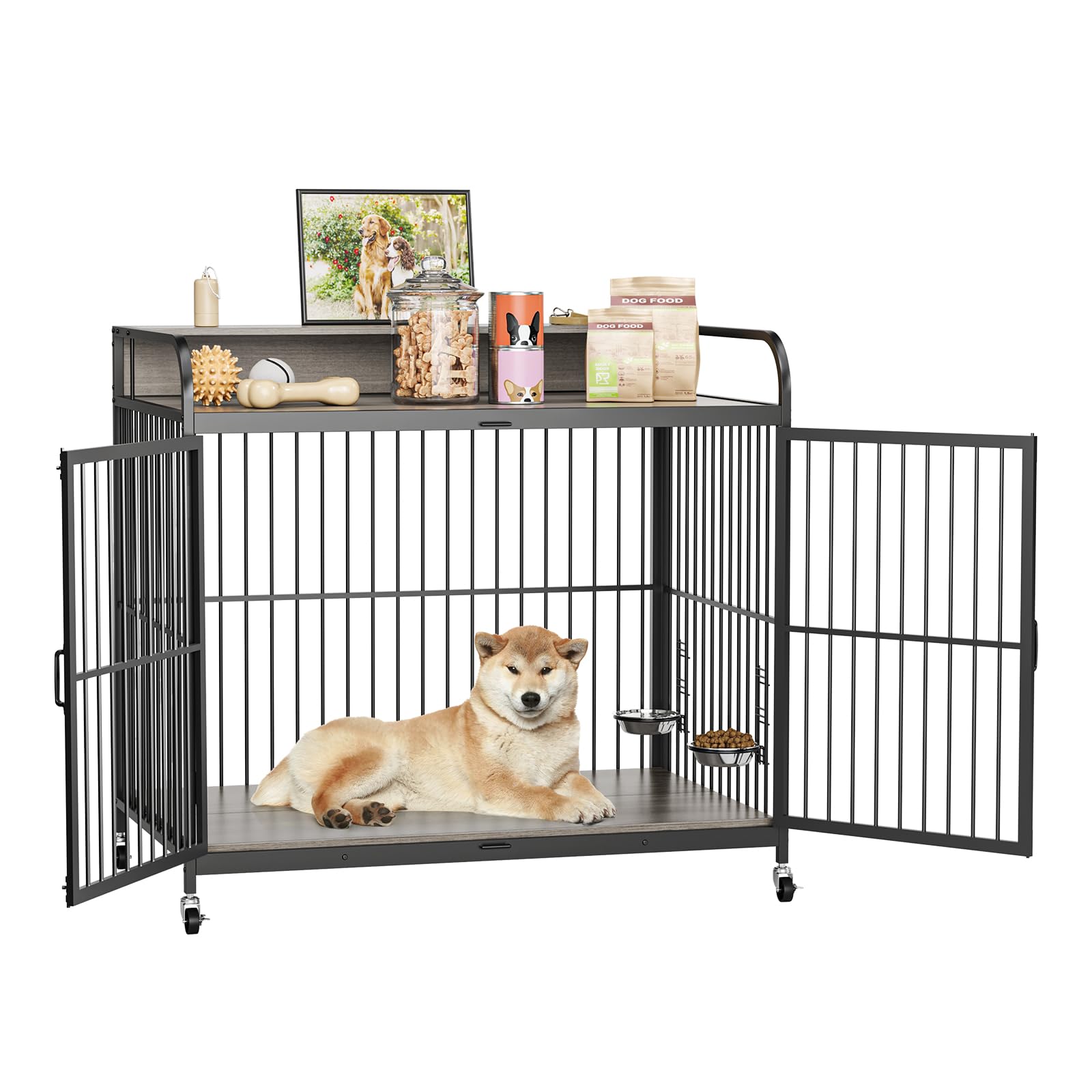Garvee Dog Crate Furniture, Dog Crate Indoor with Adjustable Height Bowls, Wooden Heavy Duty, 39.8 Inch Dog Kennel Furniture for Medium Dogs, 39.8" L X 22.5" W X 38.6" H,Grey