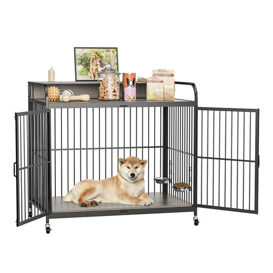 Garvee Dog Crate Furniture, Dog Crate Indoor with Adjustable Height Bowls, Wooden Heavy Duty, 39.8 Inch Dog Kennel Furniture for Medium Dogs, 39.8" L X 22.5" W X 38.6" H,Grey