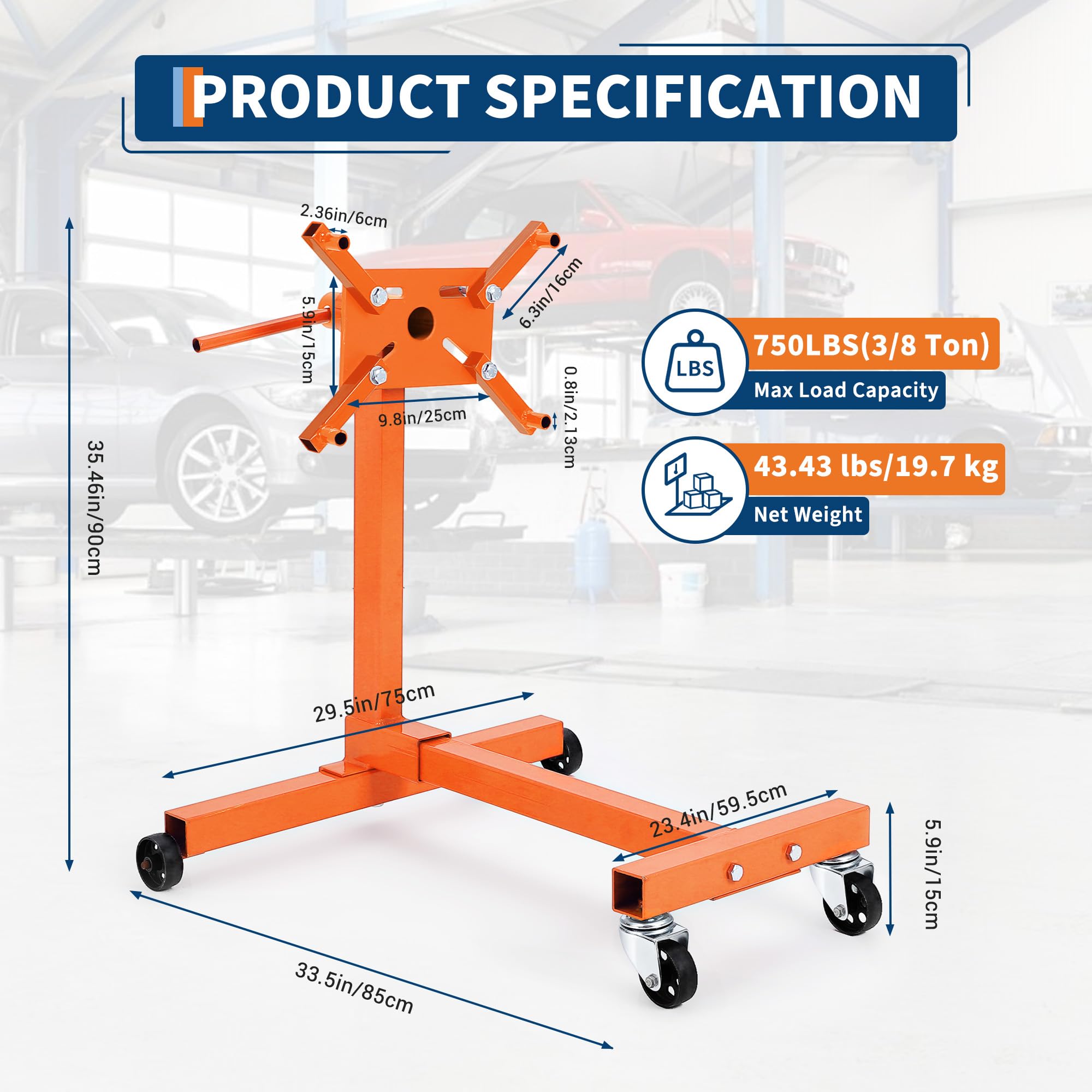Garvee Engine Stand 750 LBS Rotating Folding Steel 4 Caster Base 4 Adjustable Arms 33.5x29.5x35.4 Inch for Auto Repair Garage, Orange