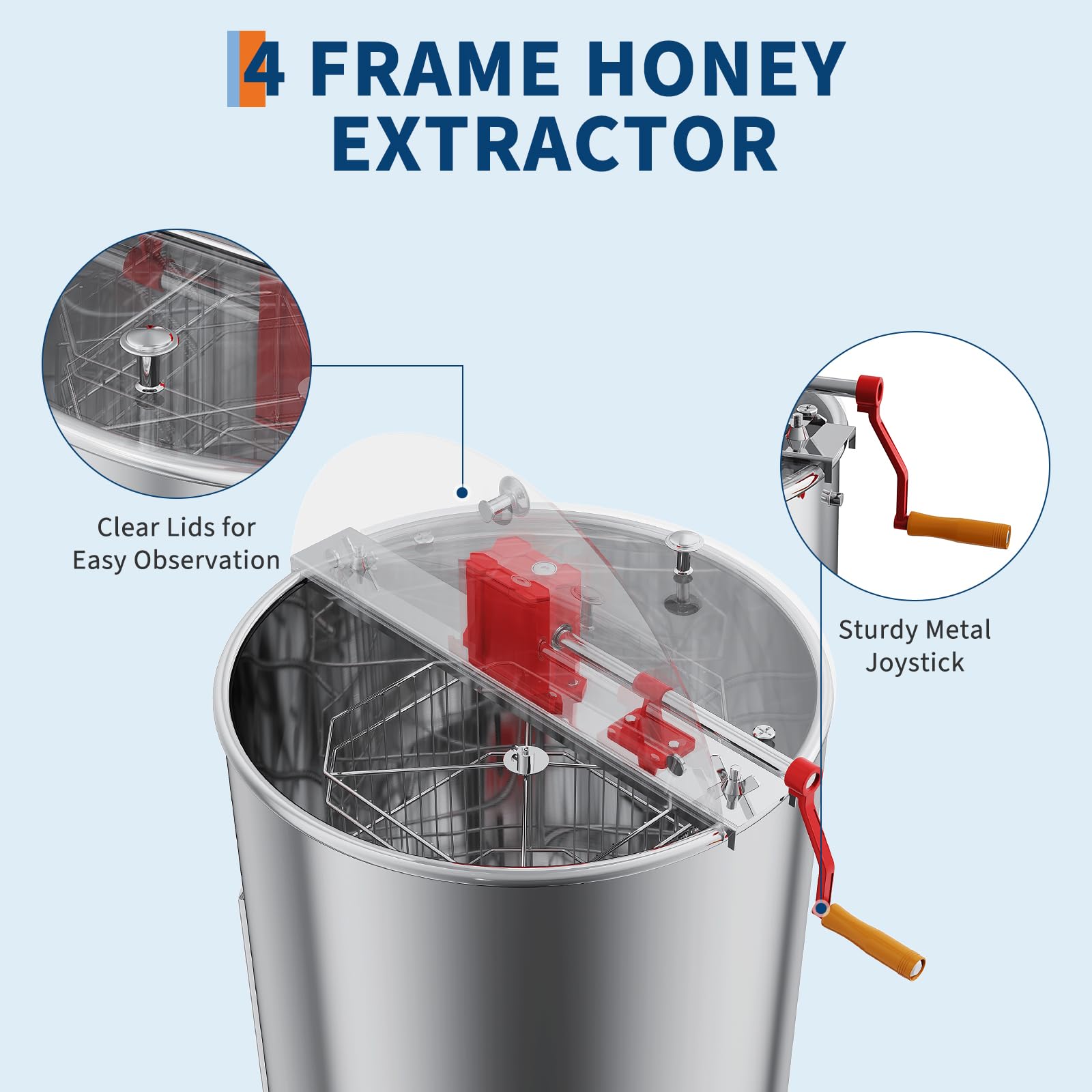 Garvee Manual 4 Frame Honey Extractor – Food-Grade Stainless Steel with Adjustable Stand & Transparent Lid for Small-Scale Beekeeping & Harvesting