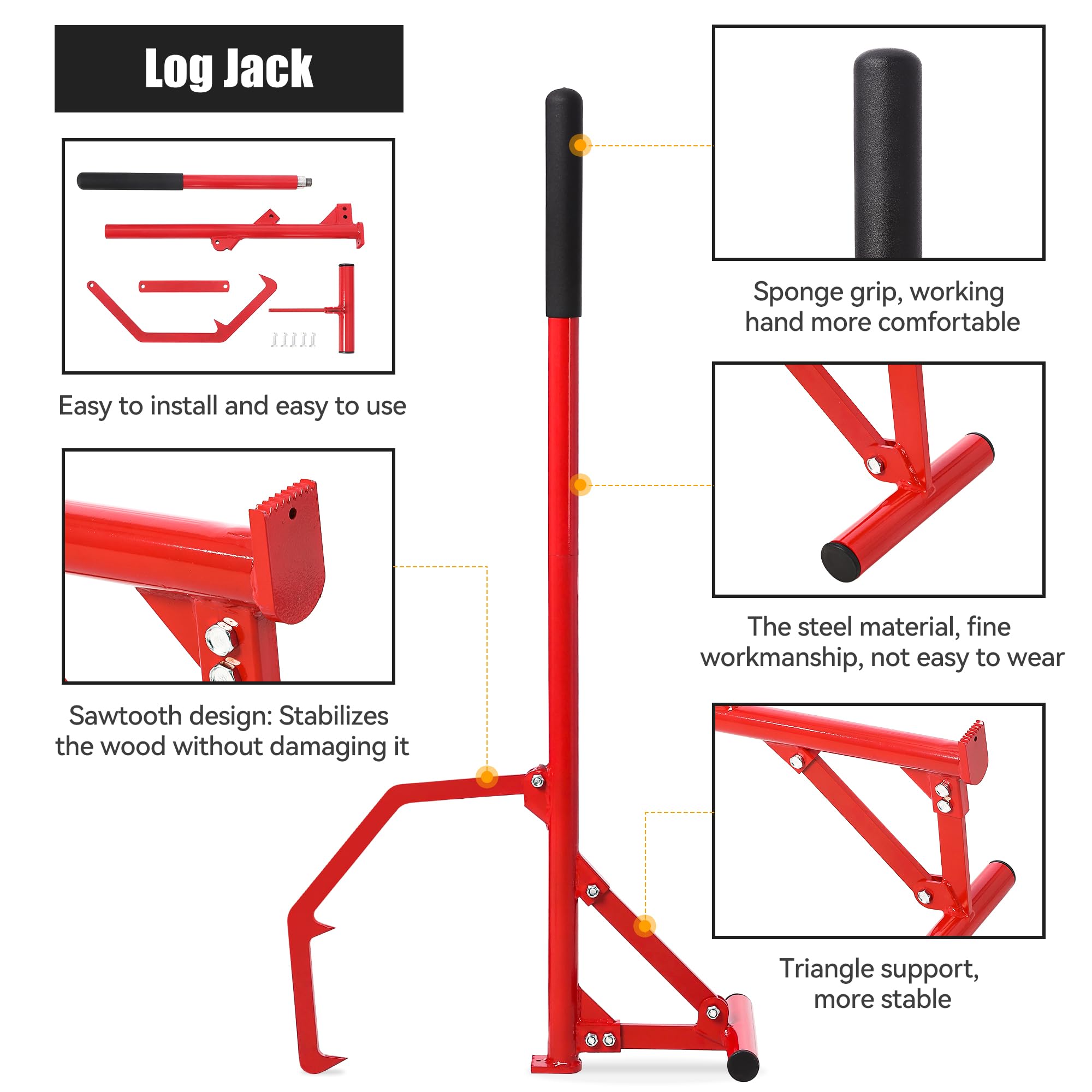 Garvee 51" Forestry Equipment Log Lifter - Heavy Duty Adjustable Steel Tool for 3-25 Inch Logs w/11" Non-Slip Grip & Red Finish