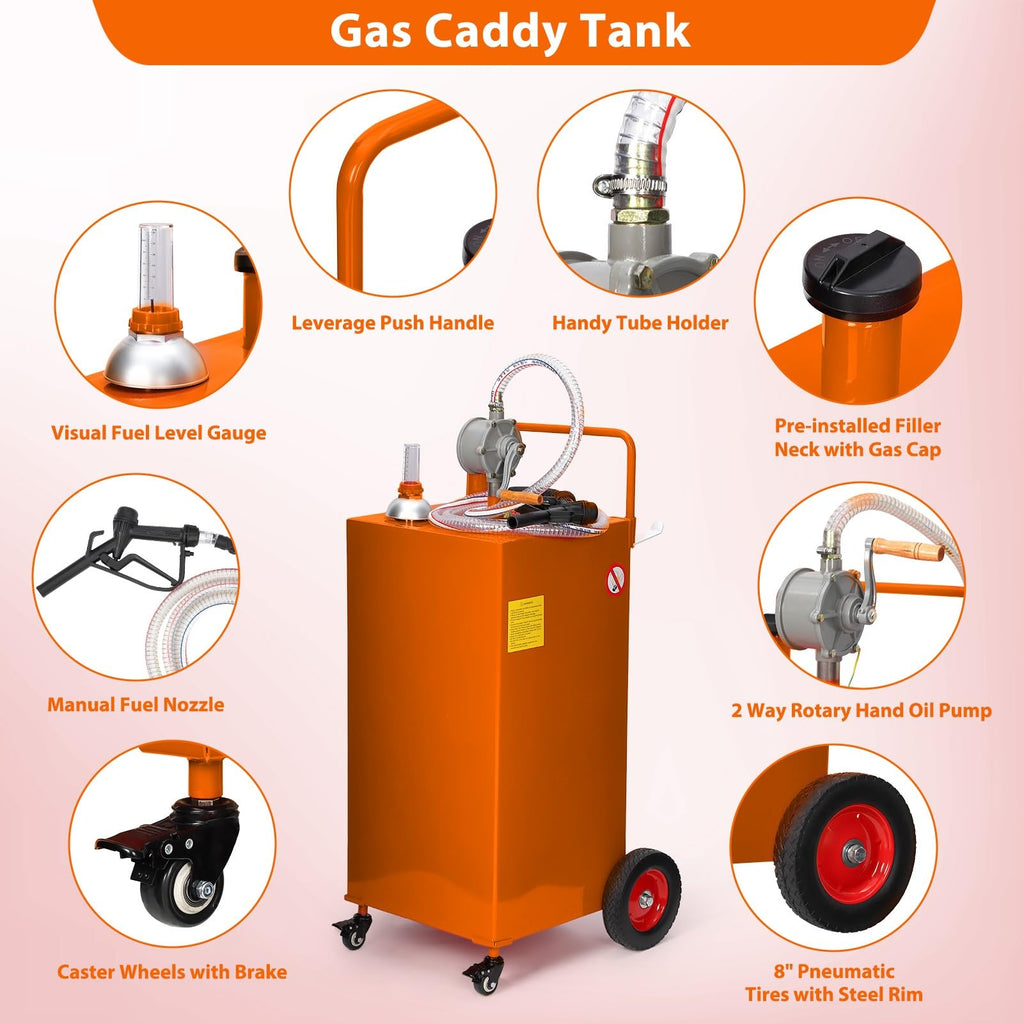Garvee 35 Gallon Fuel Caddy with Manual Transfer Pump, Heavy-Duty Stainless Steel Fuel Tank, 4-Wheel Mobile Design for Gasoline & Diesel, Portable, Durable
