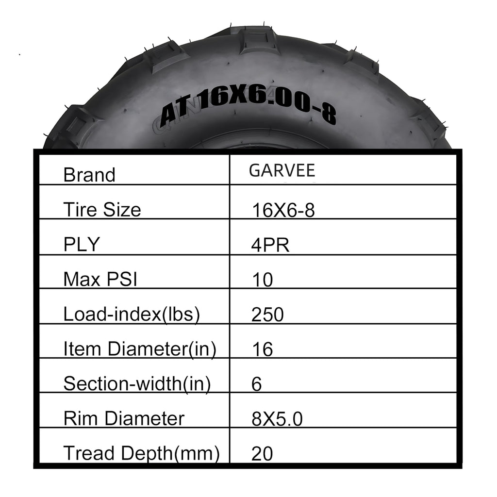 Garvee Go-Kart Sport ATV Tires Set of 4 16X6.00-8 Off-Road Tubeless Tires for Agricultural Machinery, Rugged Black