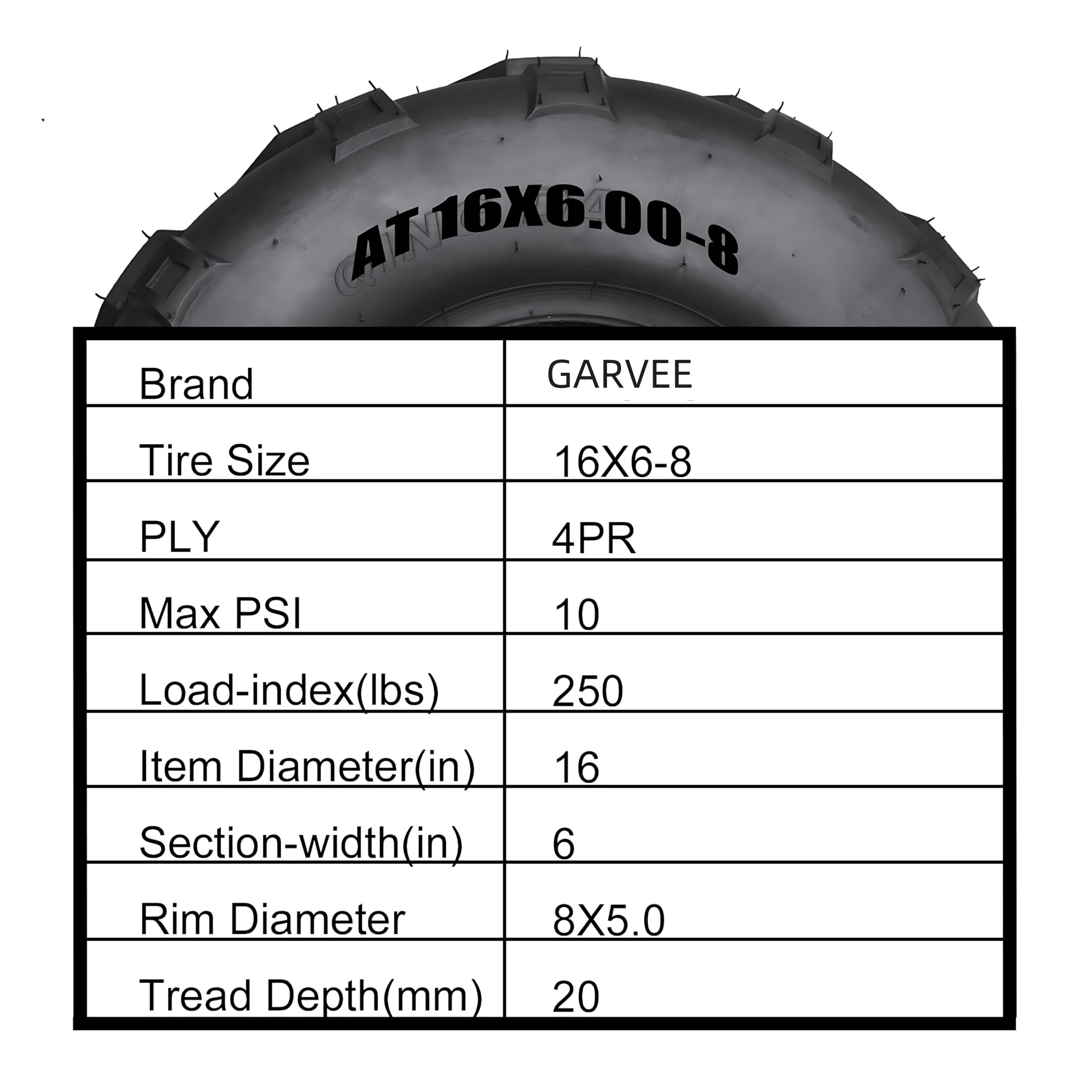 Garvee Go-Kart Sport ATV Tires Set of 4 16X6.00-8 Off-Road Tubeless Tires for Agricultural Machinery, Rugged Black