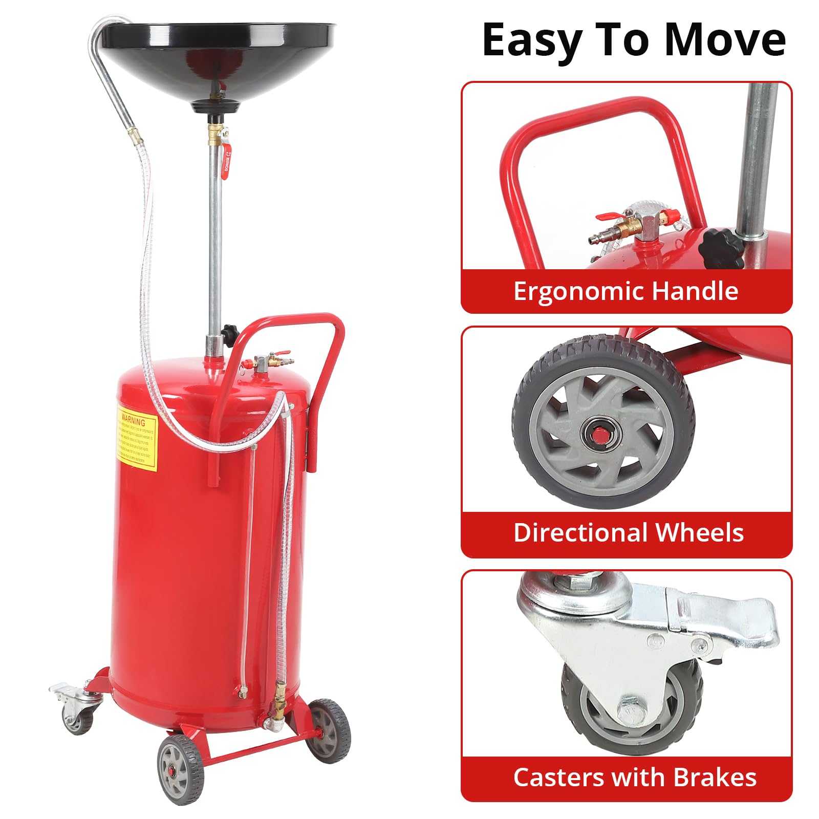 Garvee 20 Gallon Adjustable Oil Drain Tank, Pneumatic Waste Oil Drainer with 17.8" Funnel, 41.93-66.34" Height Range, Level Display & Brake Wheels for Auto Shops & Home Use