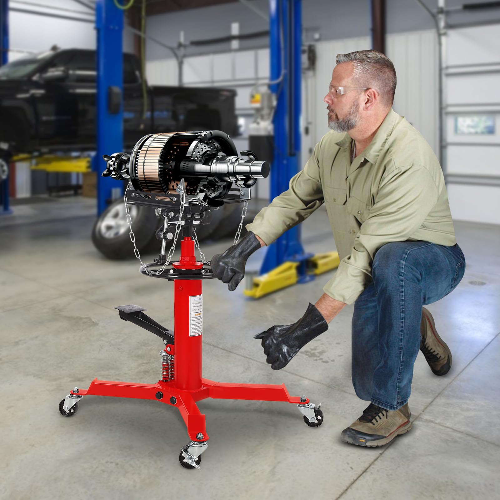 Garvee Dual Plunger Hydraulic Transmission Jack 1322lbs Capacity Red, 33.5"-69" Adjustable Lift, 2-Stage Telescoping, Non-Slip Pad, Foot Pedal & Swivel Wheel