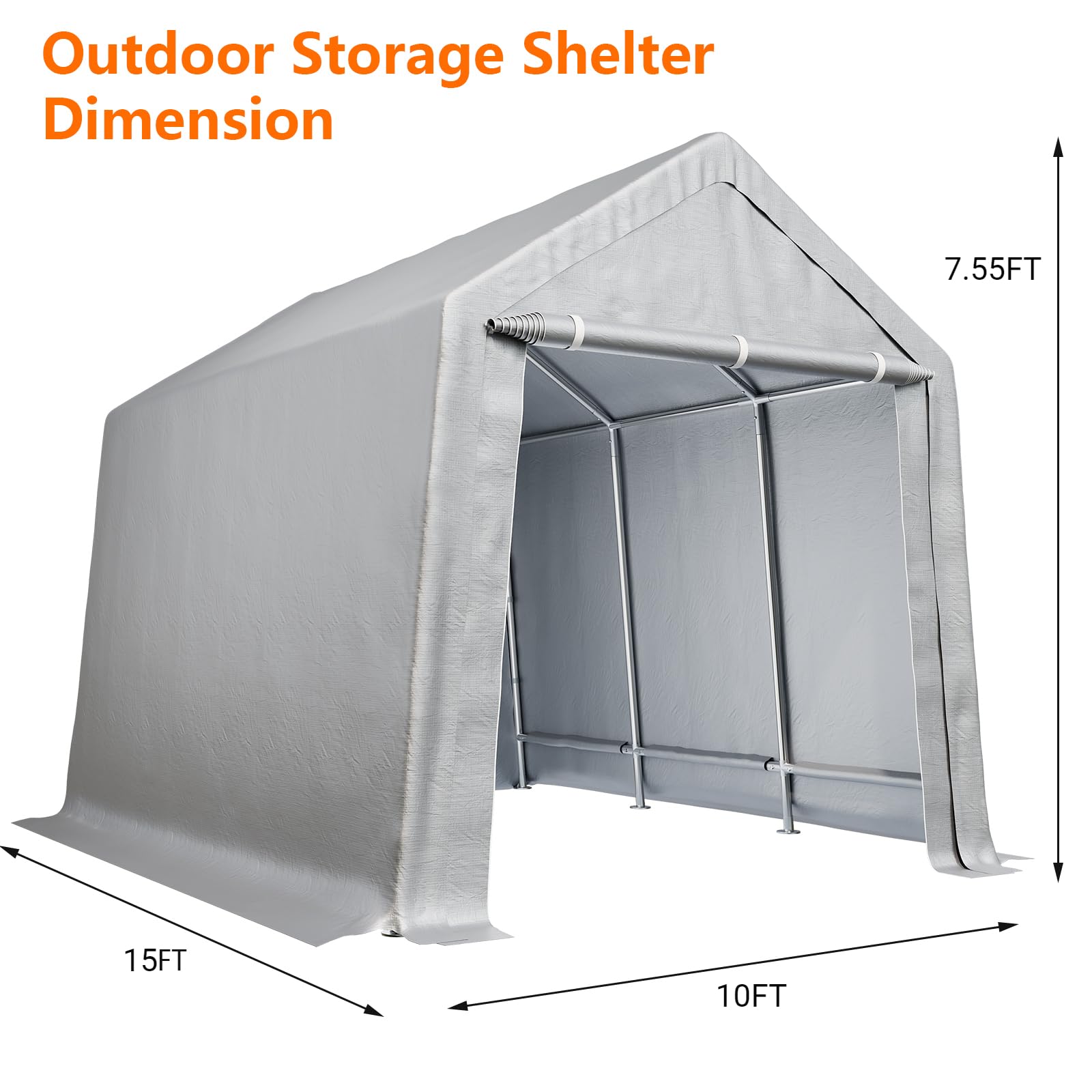 Garvee 10'x15' Heavy Duty Carport with Roll-Up Door - Waterproof Portable Garage for Cars & Boats, Grey