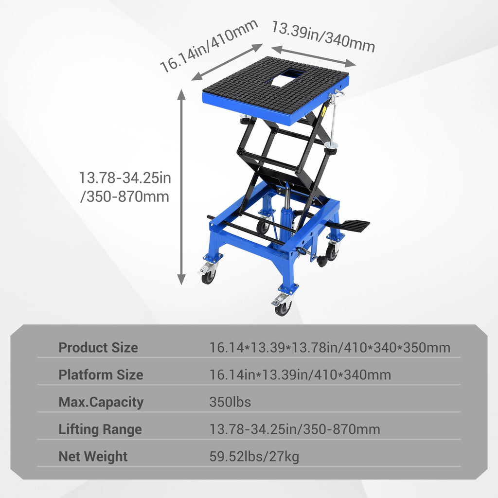 Garvee 350 lbs Hydraulic Motorcycle Lift Jack Table - Foot-Operated Scissor Lift with Anti-Slip Platform, Drainage Rubber Mat, and J-Hooks for Motorcycle, ATV, and Dirt Bike Maintenance, Blue