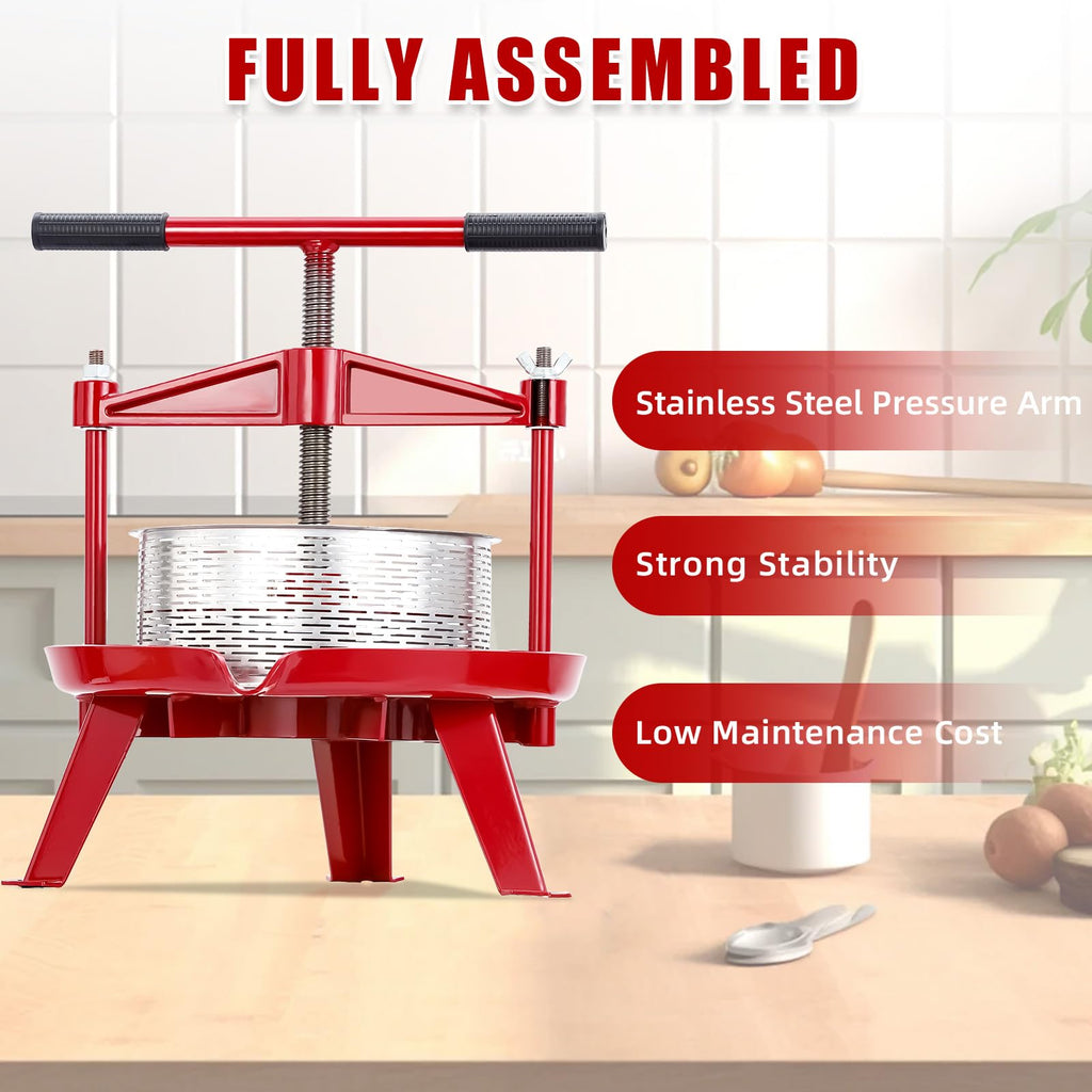 Garvee Manual Fruit Wine Press 2.38 Gal, Stainless Steel Fruit and Wine Press with T-Handle, Stable Triangular Structure, Wine Making Press for Outdoor, Kitchen