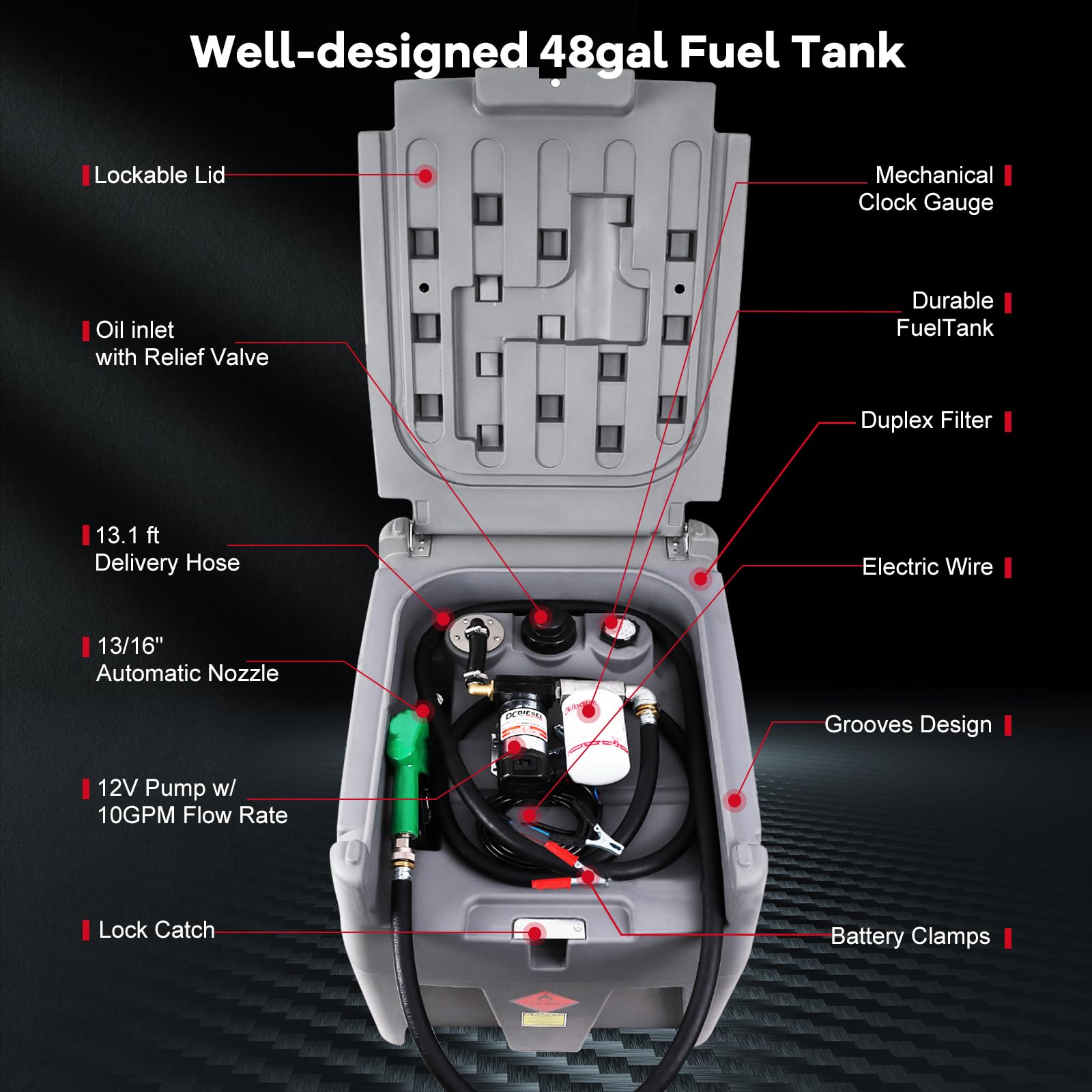 Garvee 48 Gallon Portable Diesel Fuel Tank with 12V Electric Transfer Pump, High Flow Rate 10 GPM, Gray for Agriculture, Construction, Industrial Use
