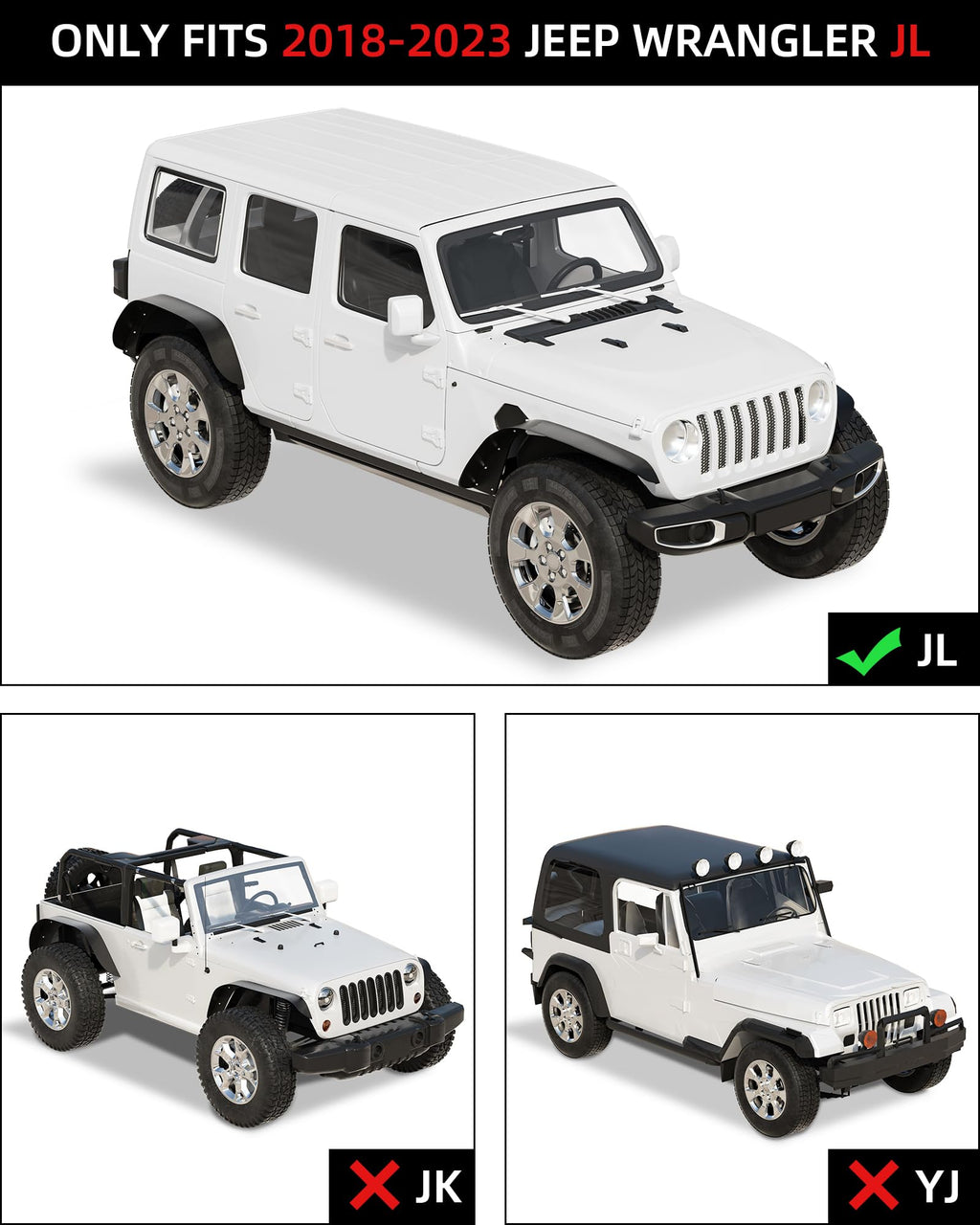 Garvee Front & Rear Flat Fender Flares for 2018-2024 Jeep Wrangler JL & JLU Unlimited (2/4 Doors) Off-Road Fenders, Heavy Duty Solid Steel Metal Black Powder Coated 4PCS