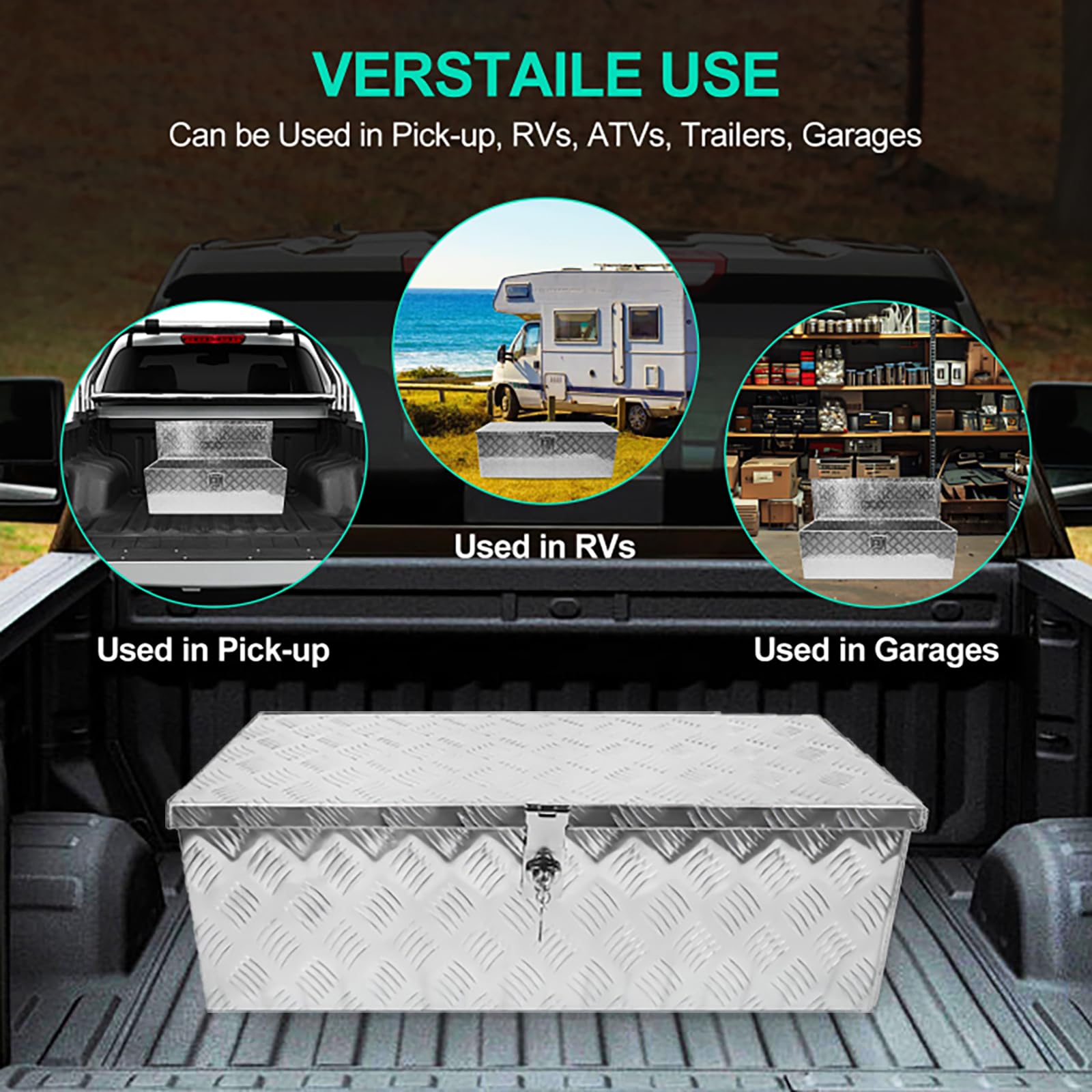 Garvee 30 Inch Aluminum Truck Tool Box, Diamond Plate, Rectangle, Silver, With Lock & 2 Keys, Versatile Storage for Pickup, Trailer, ATV
