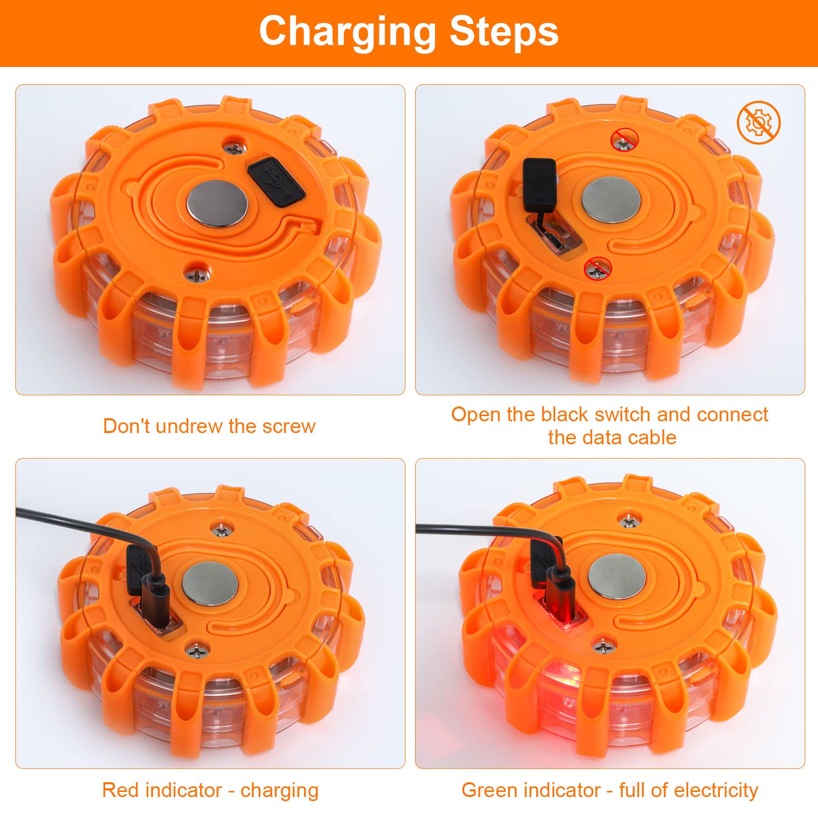 Garvee 3 Pack USB Rechargeable LED Road Flares Emergency Lights Roadside Safety Beacon Disc Flashing Warning Flare Kit with 1 USB Car Charger,Magnetic Base & Hook for Car Truck Boats (Batteries Included)