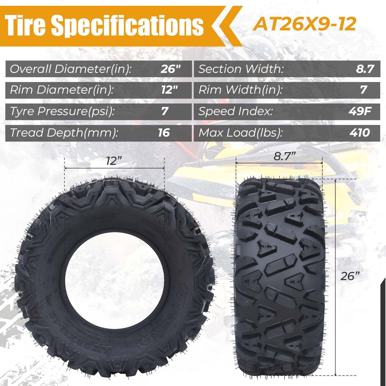 Garvee Set of 4 UTV/ATV Tubeless 6Ply Mud & Trail Tires, Front 26x9-12, Rear 26x11-12, Rubber, Off-Road Terrain