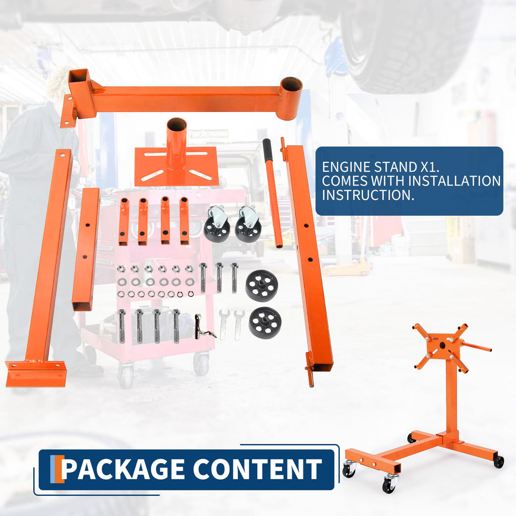 Garvee Engine Stand 750 LBS Rotating Folding Steel 4 Caster Base 4 Adjustable Arms 33.5x29.5x35.4 Inch for Auto Repair Garage, Orange
